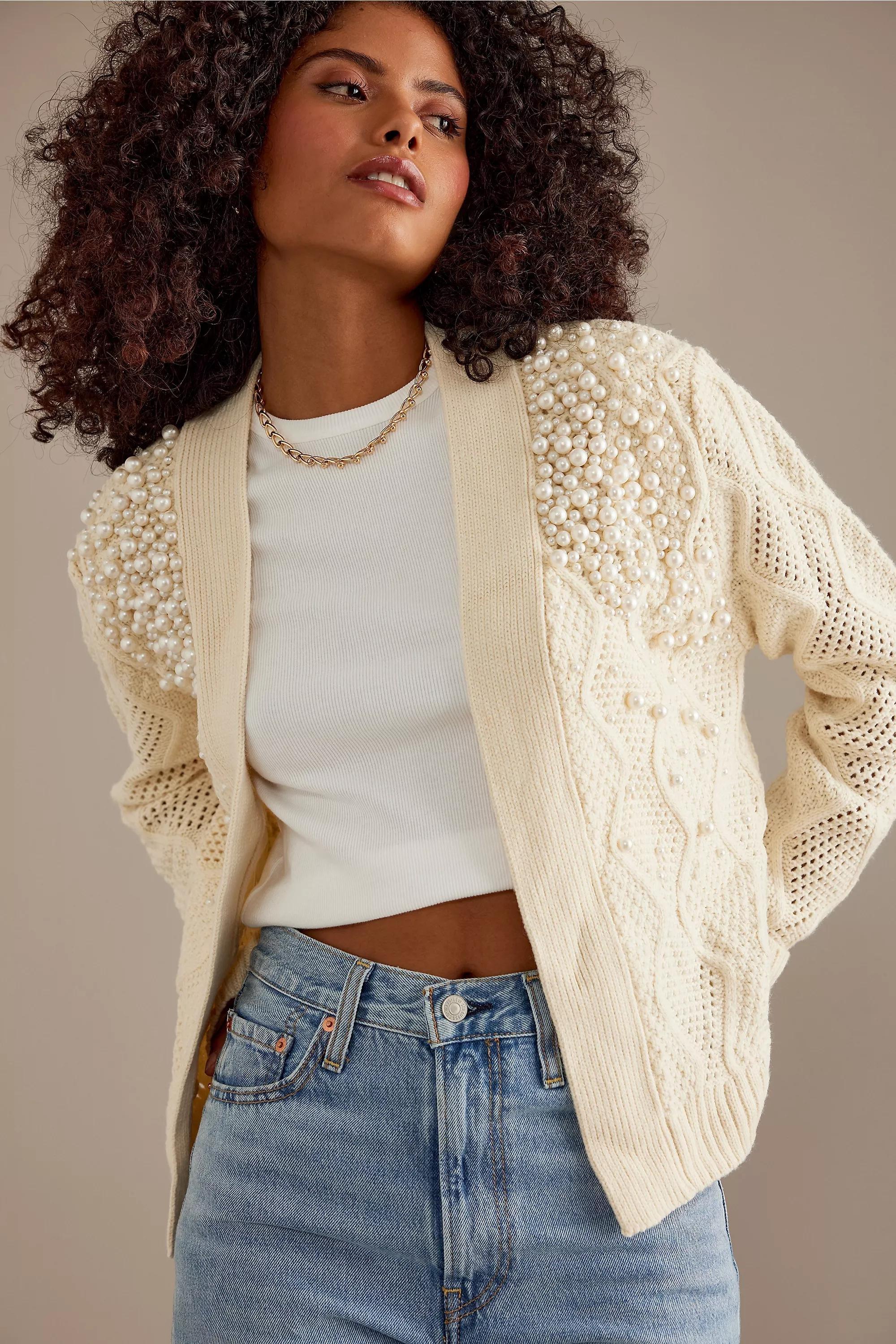 NEUTR Pearl Embellished Cable Knit Cardigan, A501_0014, large image number 0