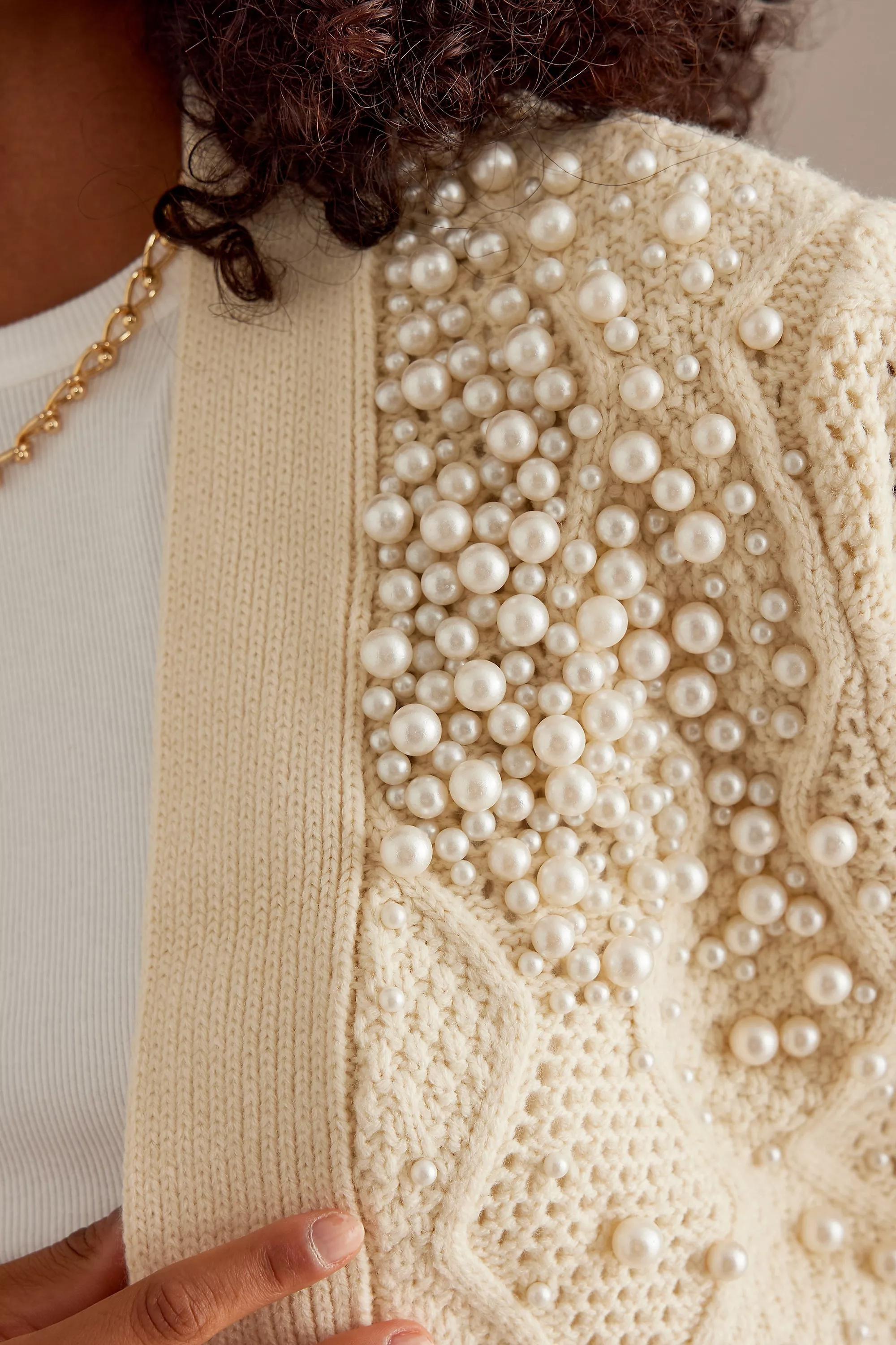 Pearl Embellished Cable Knit Cardigan, White, A501_0014, medium