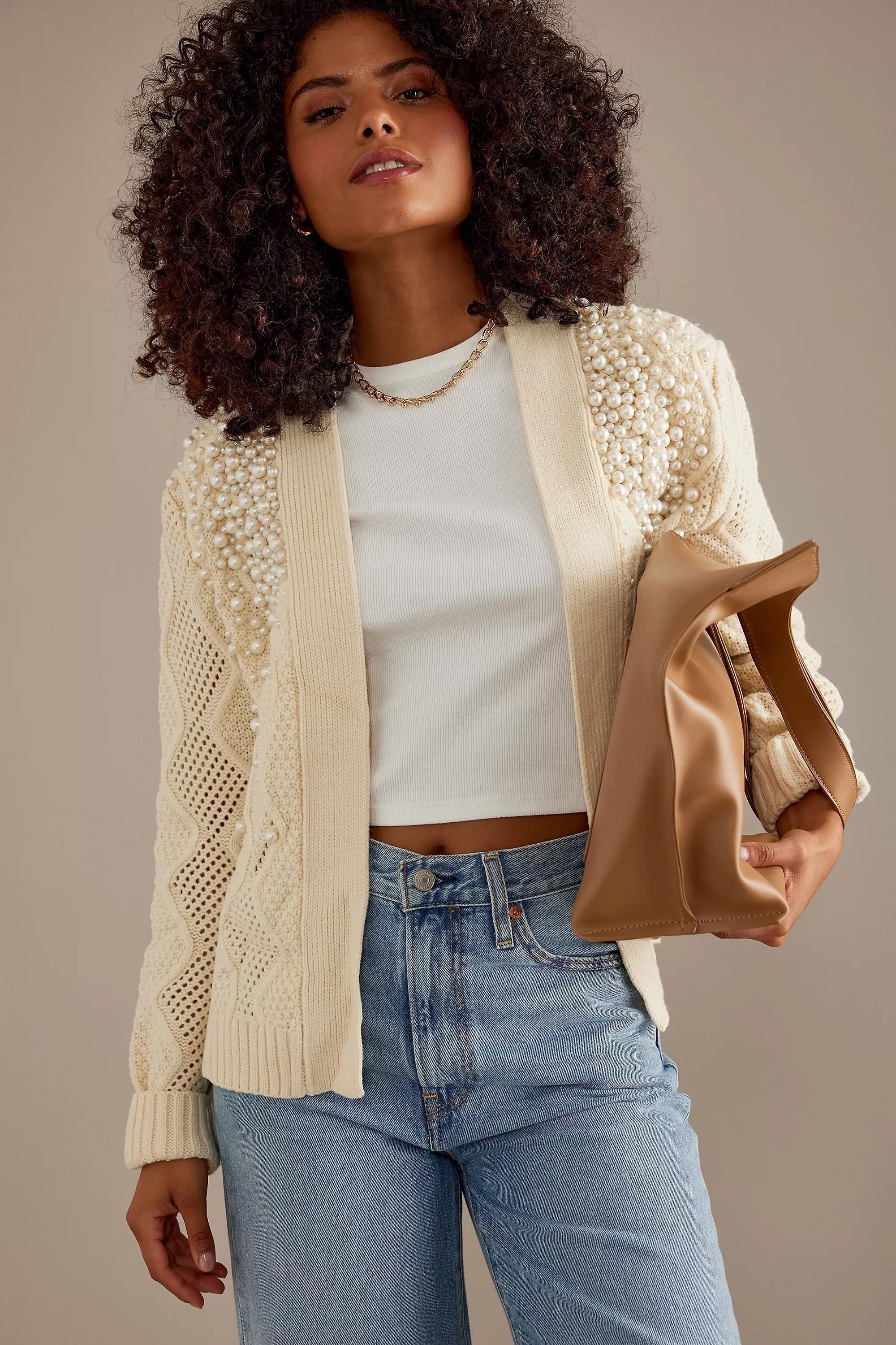 Pearl Embellished Cable Knit Cardigan, A501_0014, large image number 2