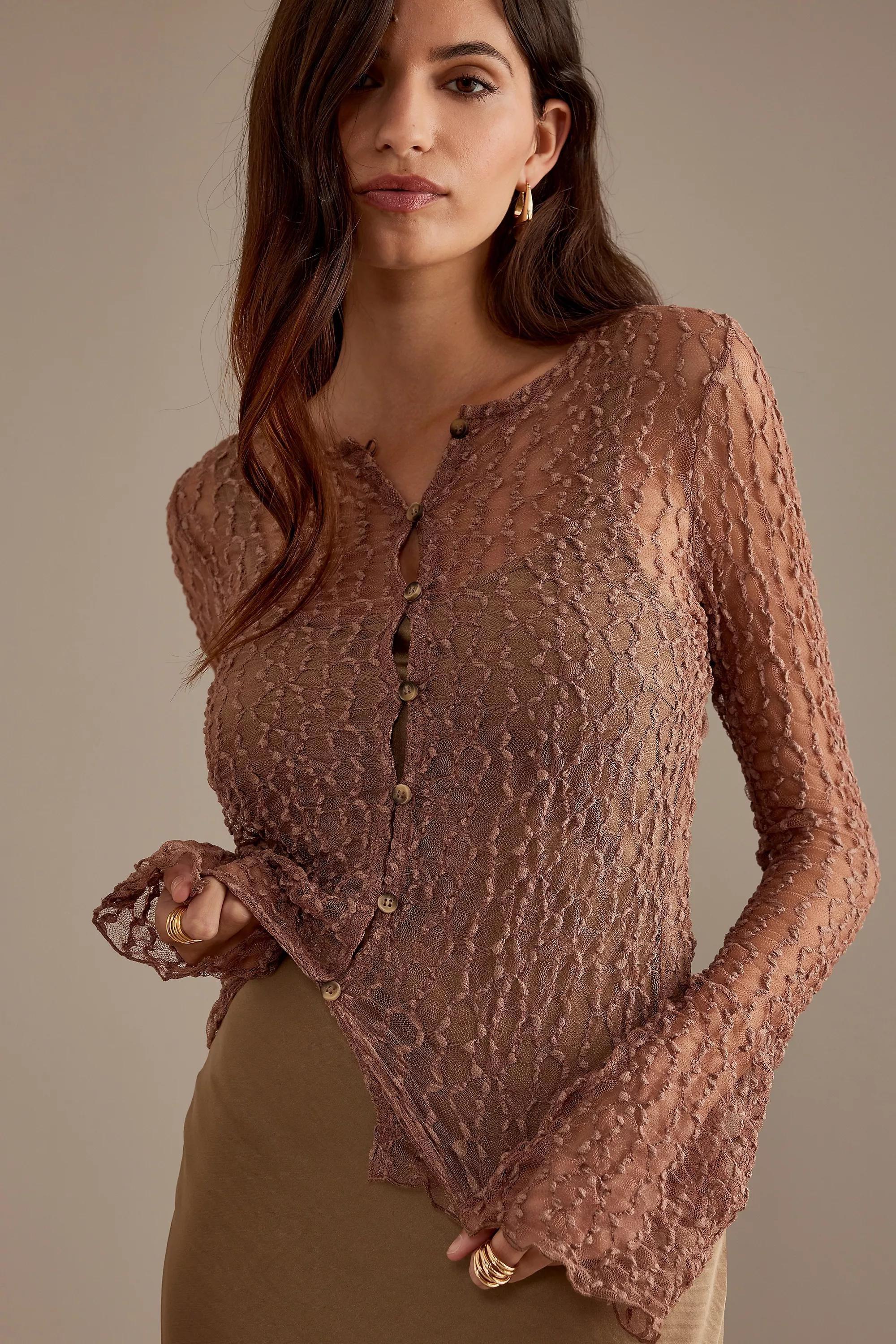 Lace Button-Front Long Sleeve T-Shirt, Brown, , large image number 0