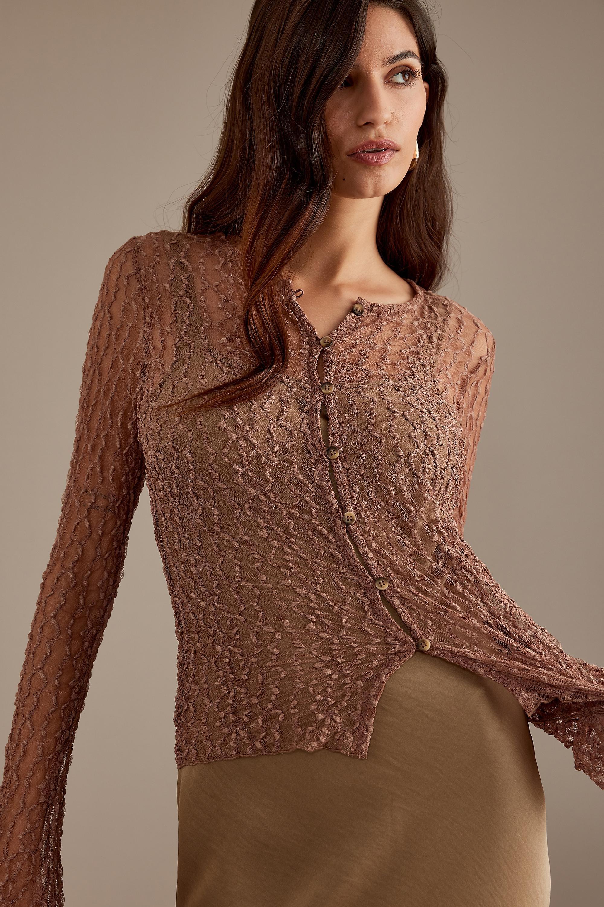 Lace Button-Front Long Sleeve T-Shirt, Brown, , large image number 2