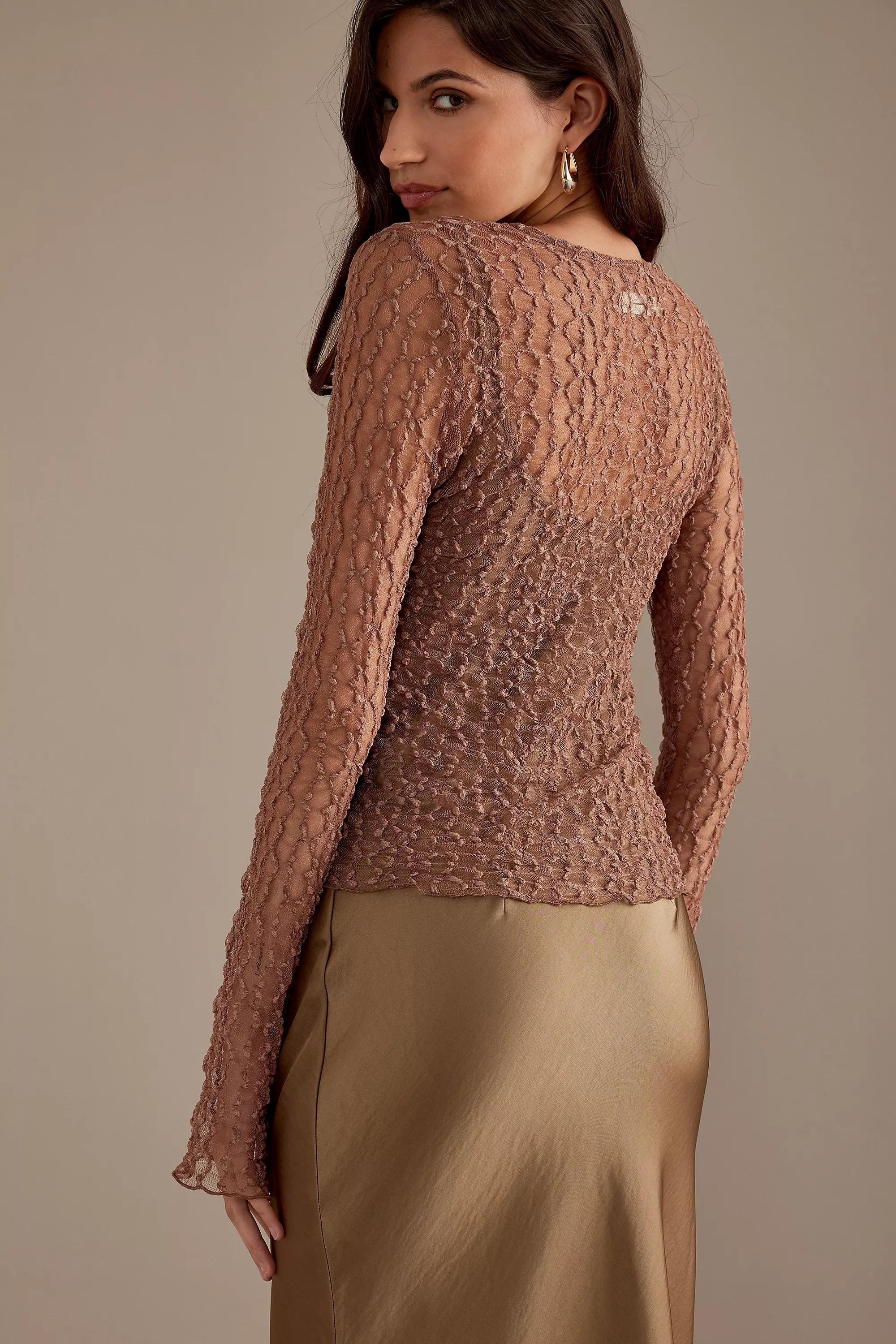 Lace Button-Front Long Sleeve T-Shirt, Brown, , large image number 3