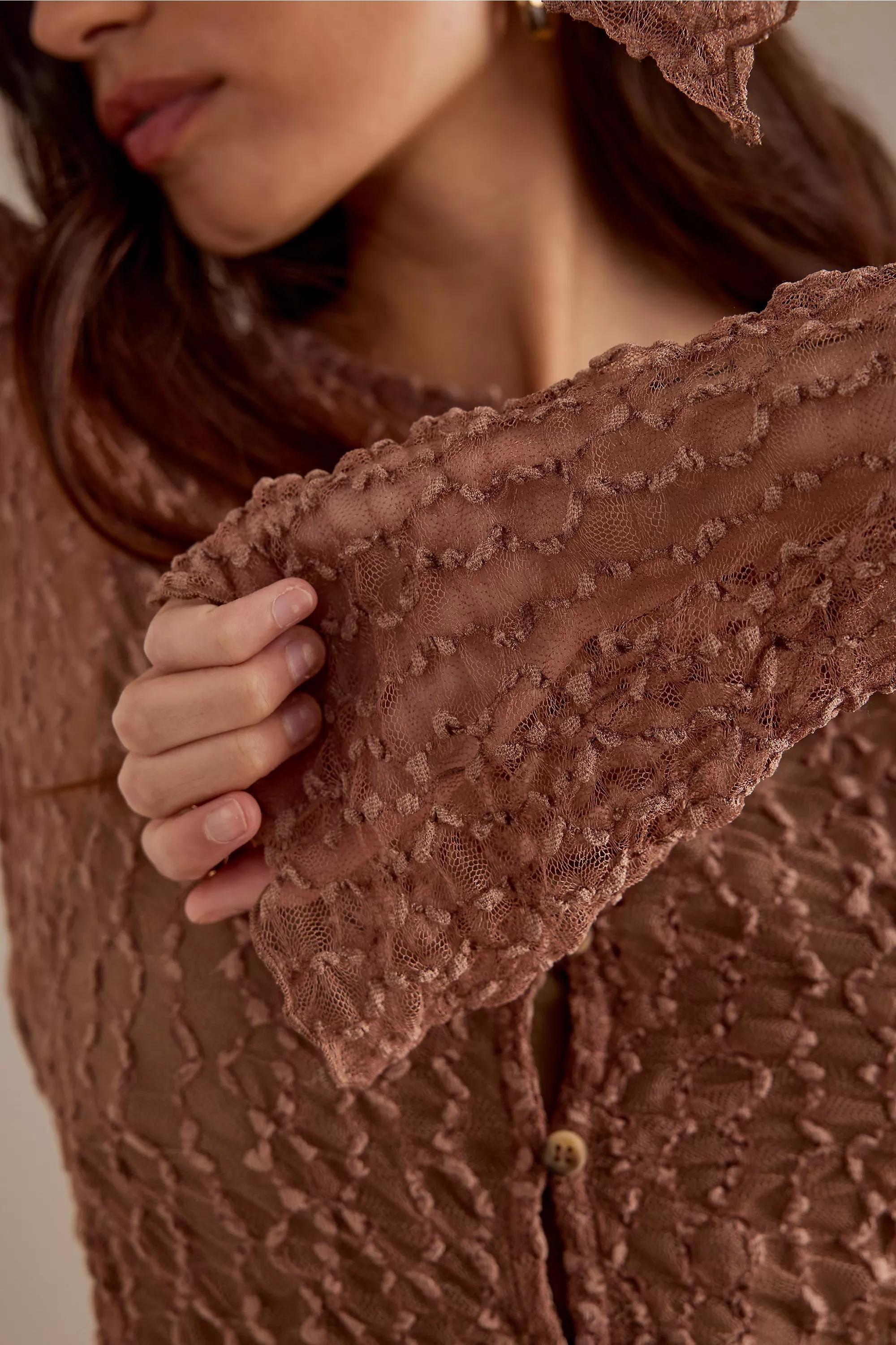 Lace Button-Front Long Sleeve T-Shirt, Brown, , large image number 4