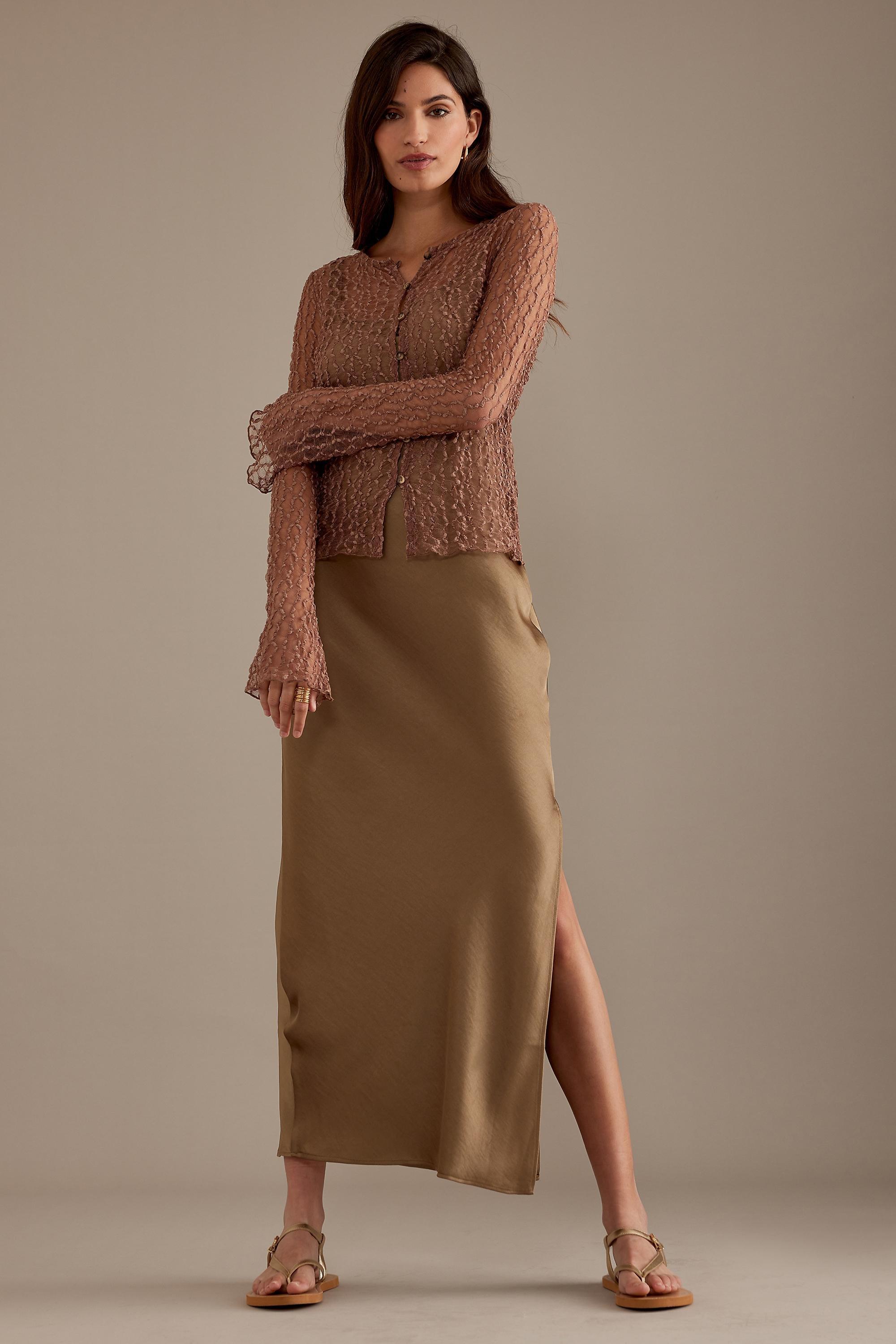 Lace Button-Front Long Sleeve T-Shirt, Brown, A501_0020, large image number 5