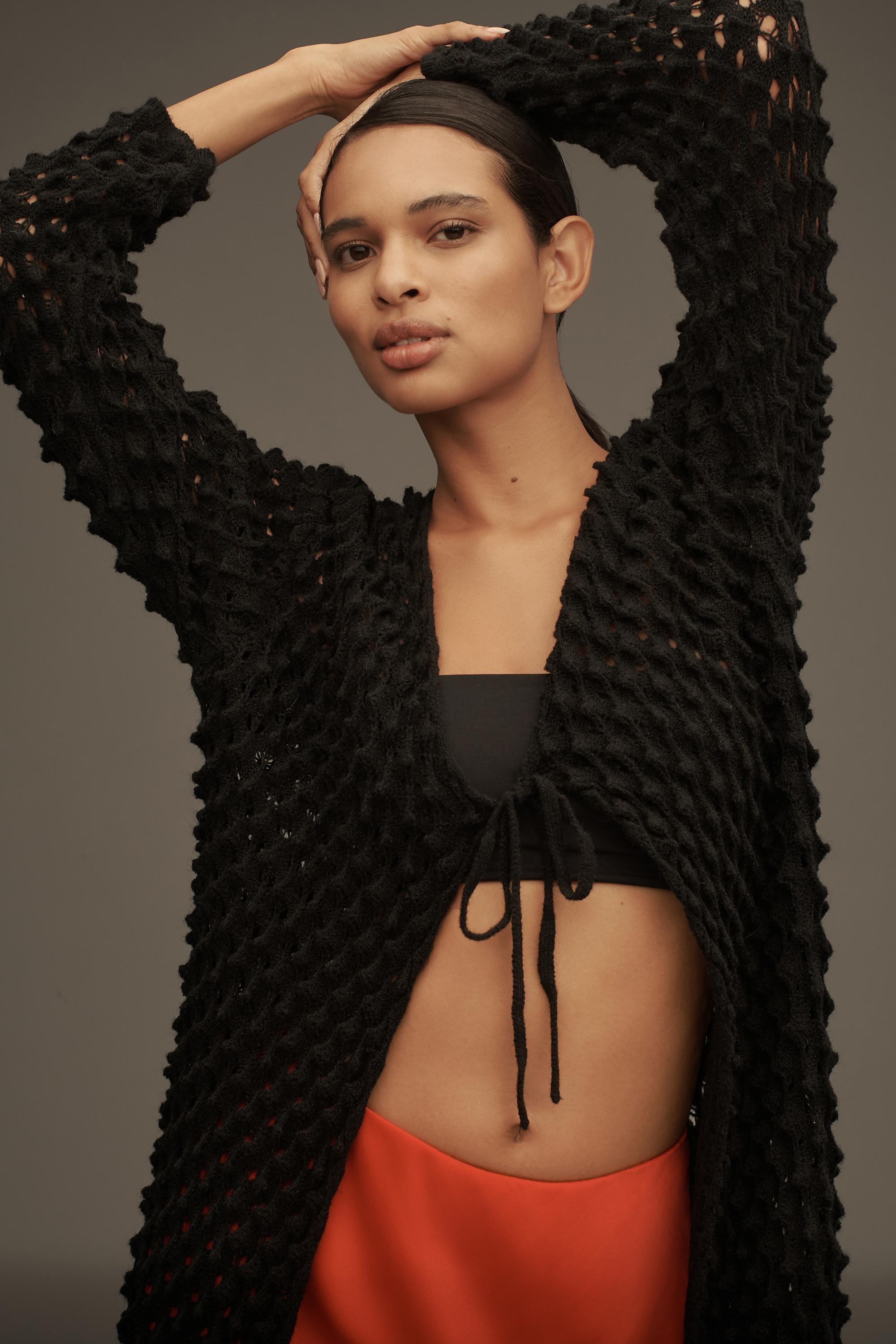 By Anthropologie Longline Popcorn Cardigan, Black, A501_0001, large image number 2