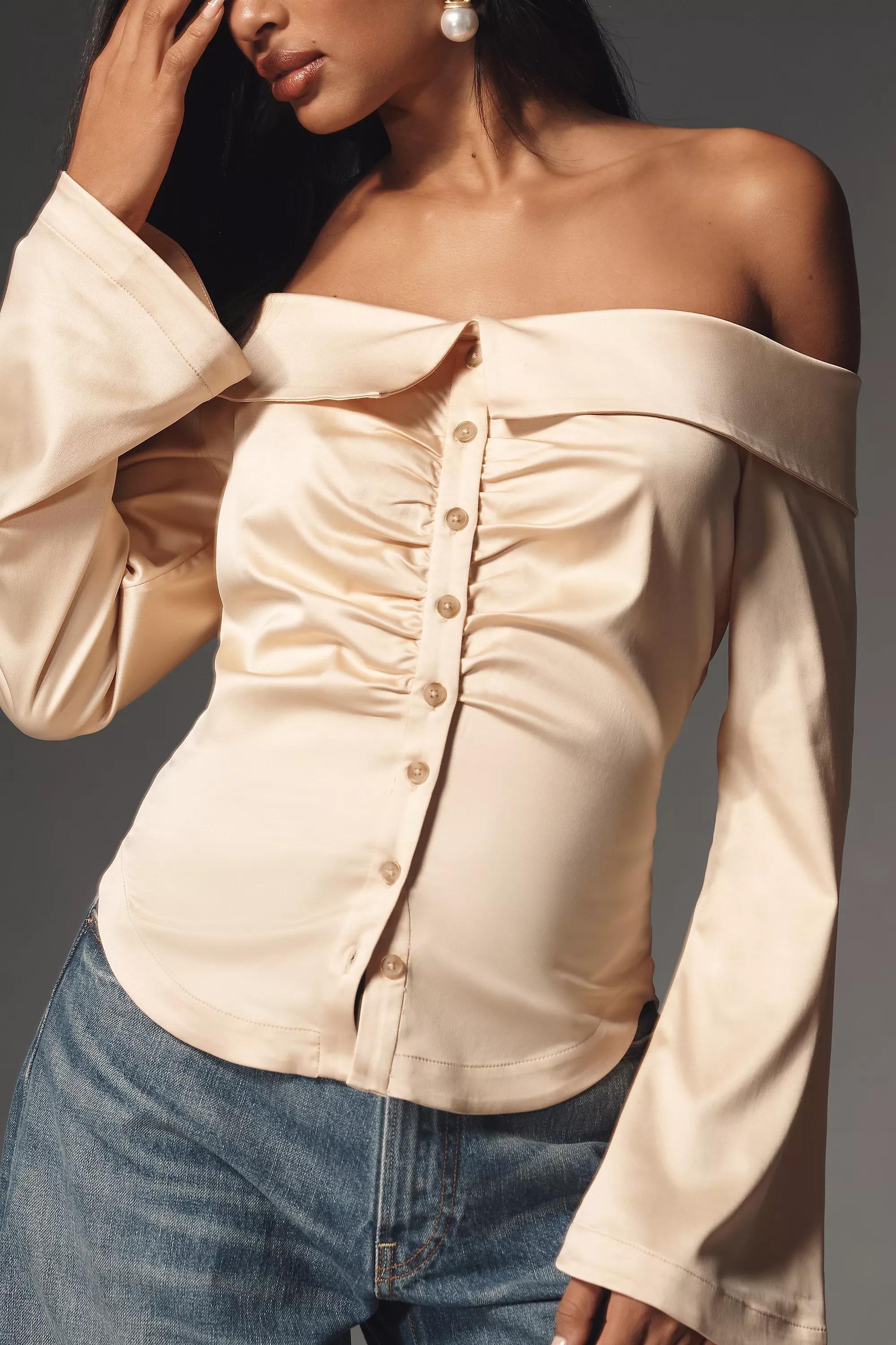 Anthropologie Satin Finish Blouse, Beige, , large image number 3