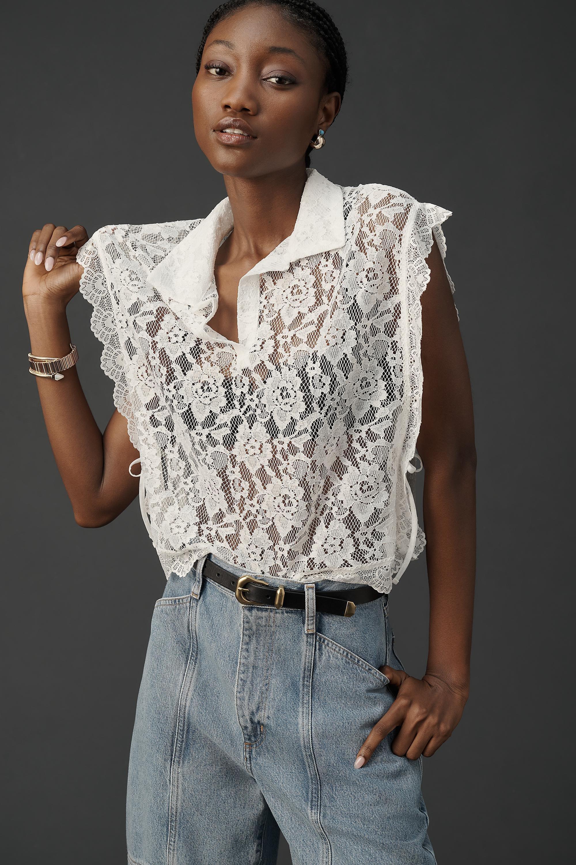Collared Lace Vest, White, A501_0010, large image number 0