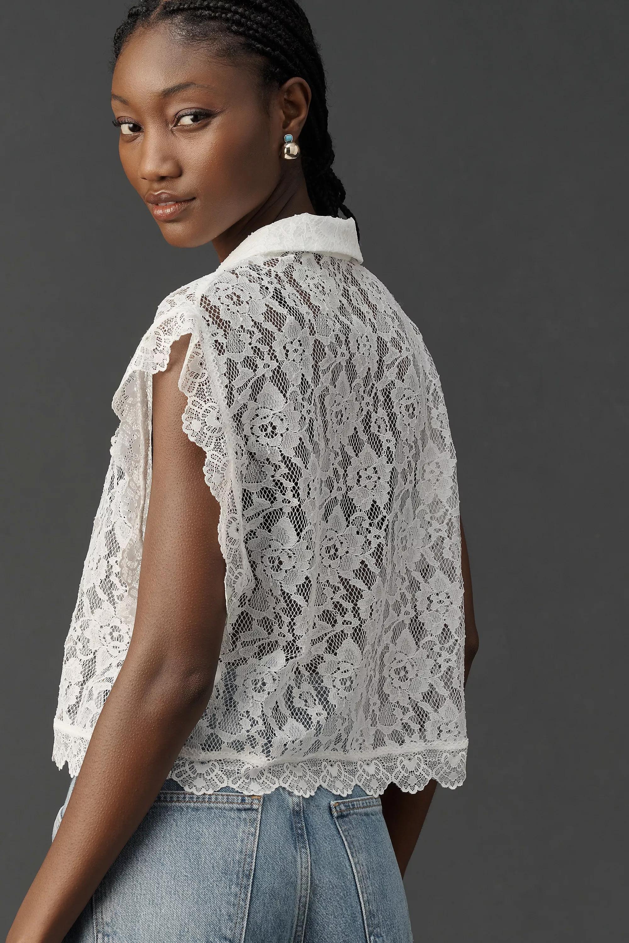 Collared Lace Vest, White, A501_0010, large image number 1