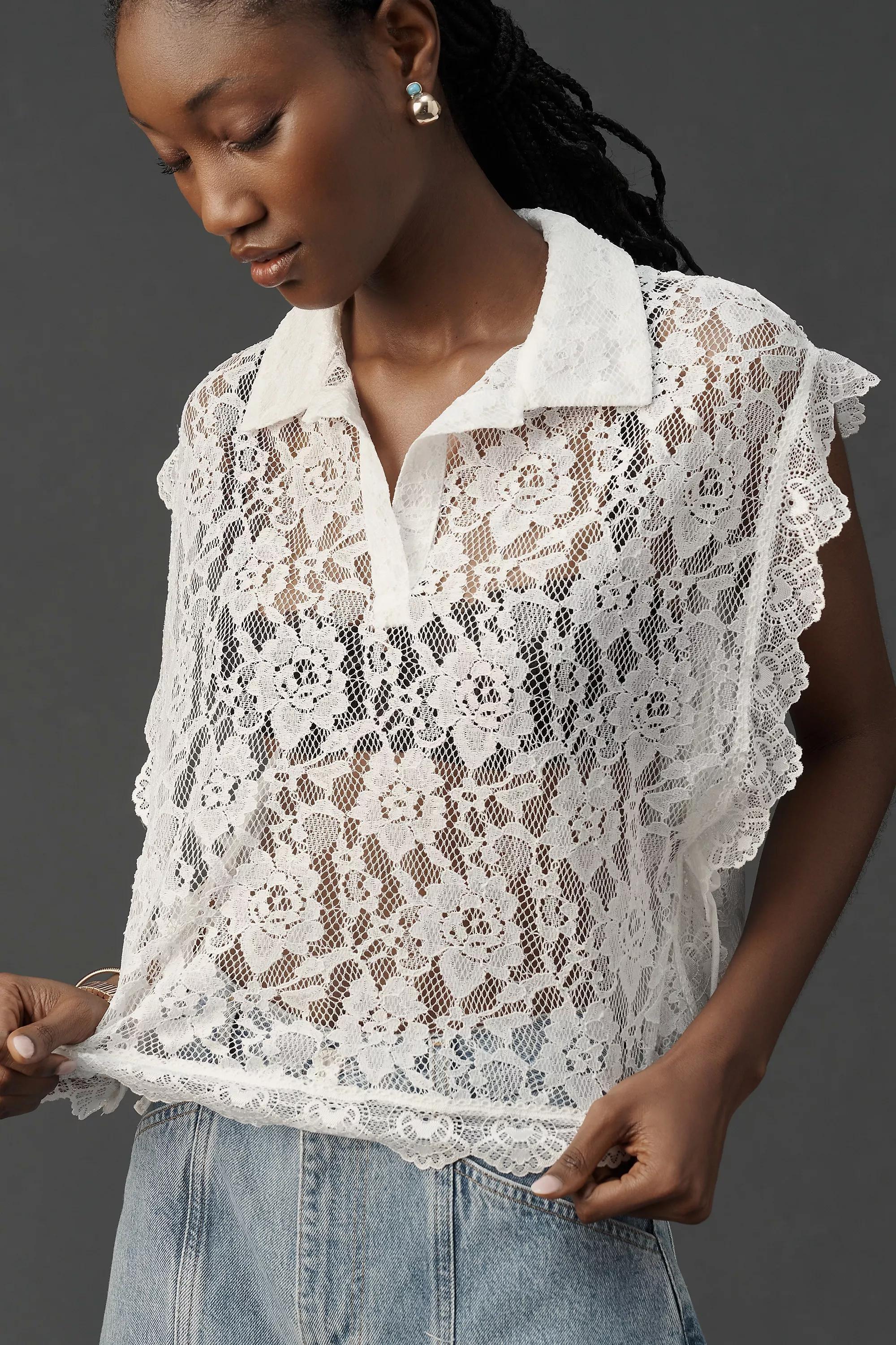 Collared Lace Vest, White, A501_0010, large image number 3