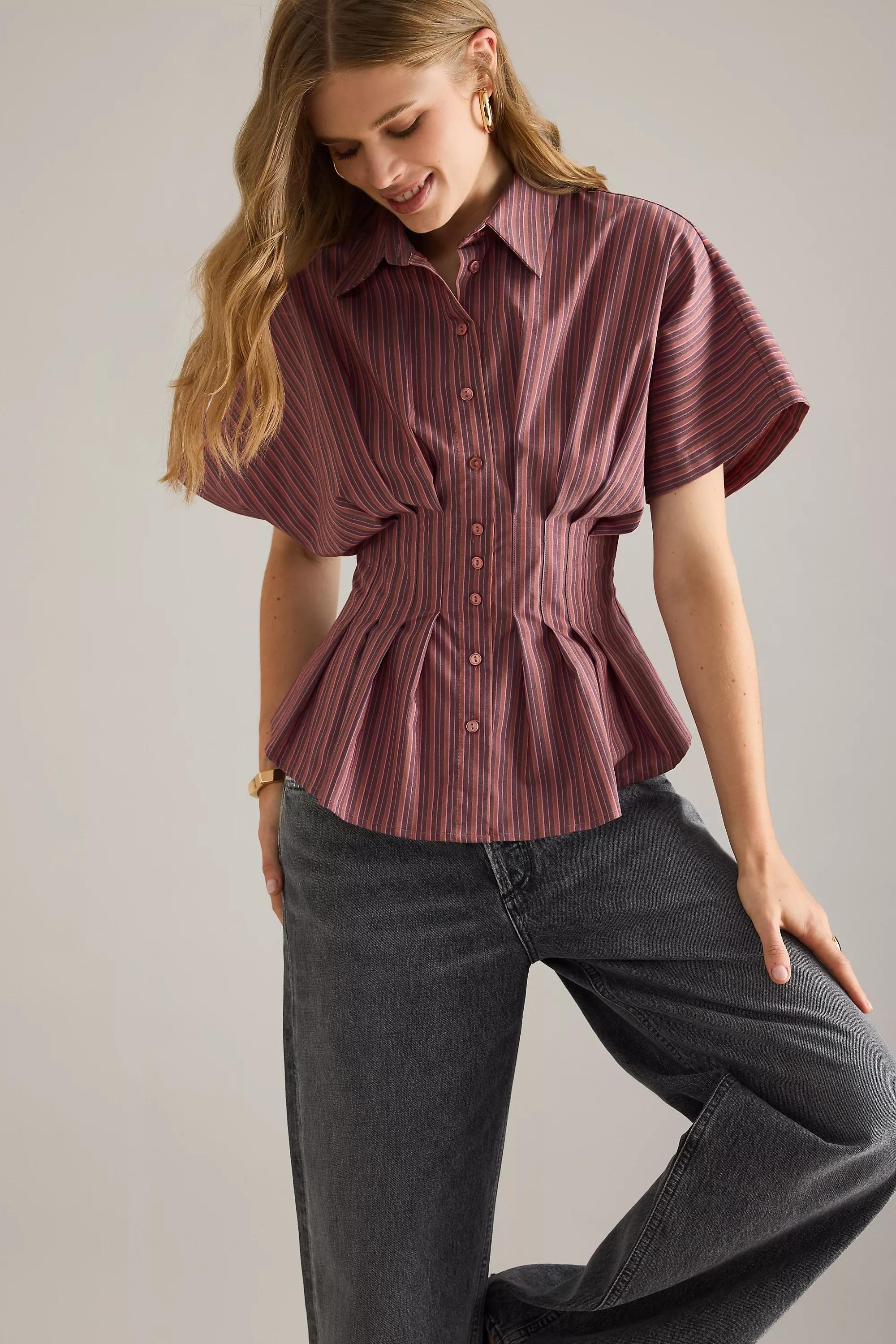 By Exquise Striped The Tobie Short-Sleeve Pleated Blouse, Red, A501_0553, large image number 0