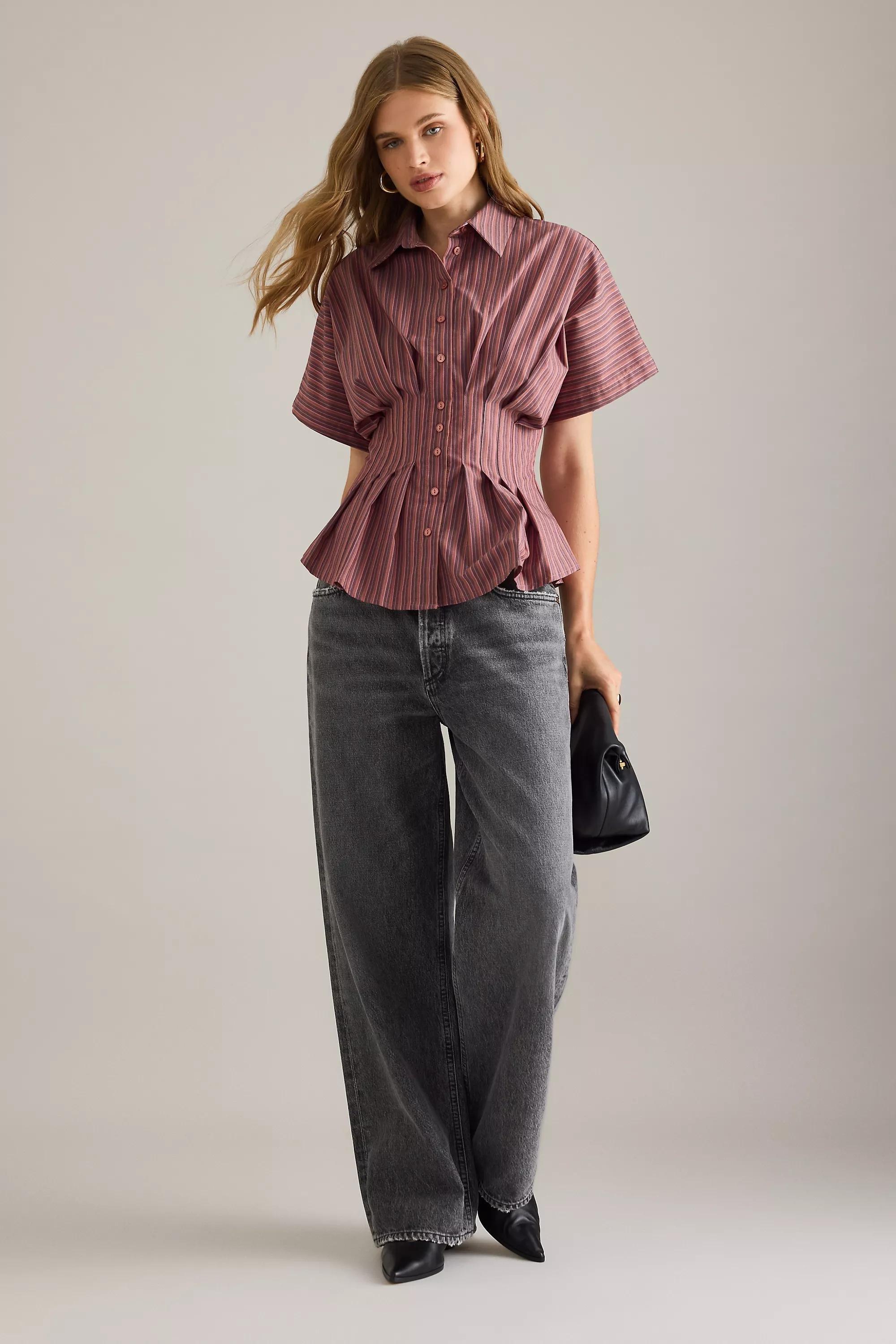 By Exquise Striped The Tobie Short-Sleeve Pleated Blouse, Red, A501_0553, large image number 3