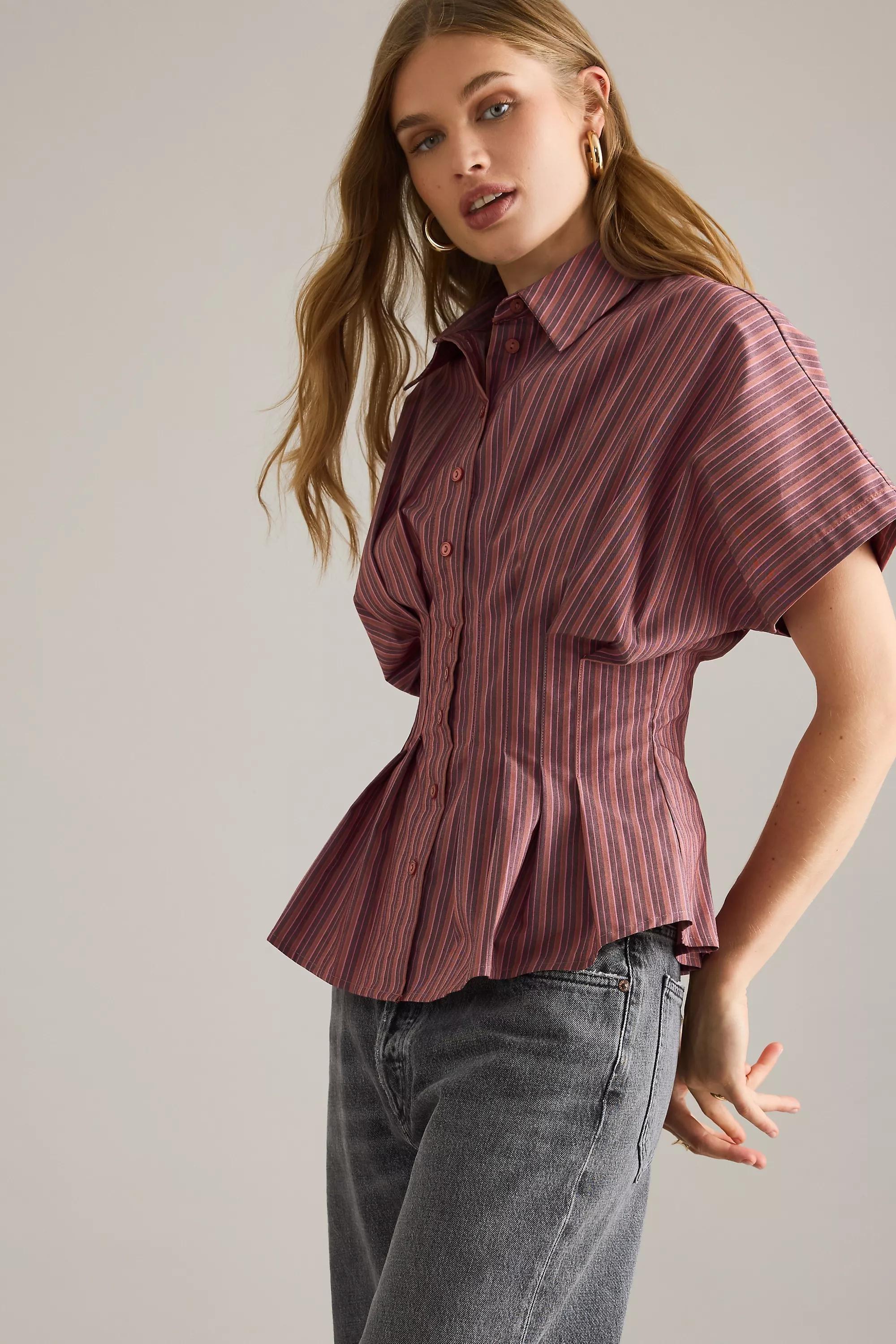 By Exquise Striped The Tobie Short-Sleeve Pleated Blouse, Red, A501_0553, large image number 4