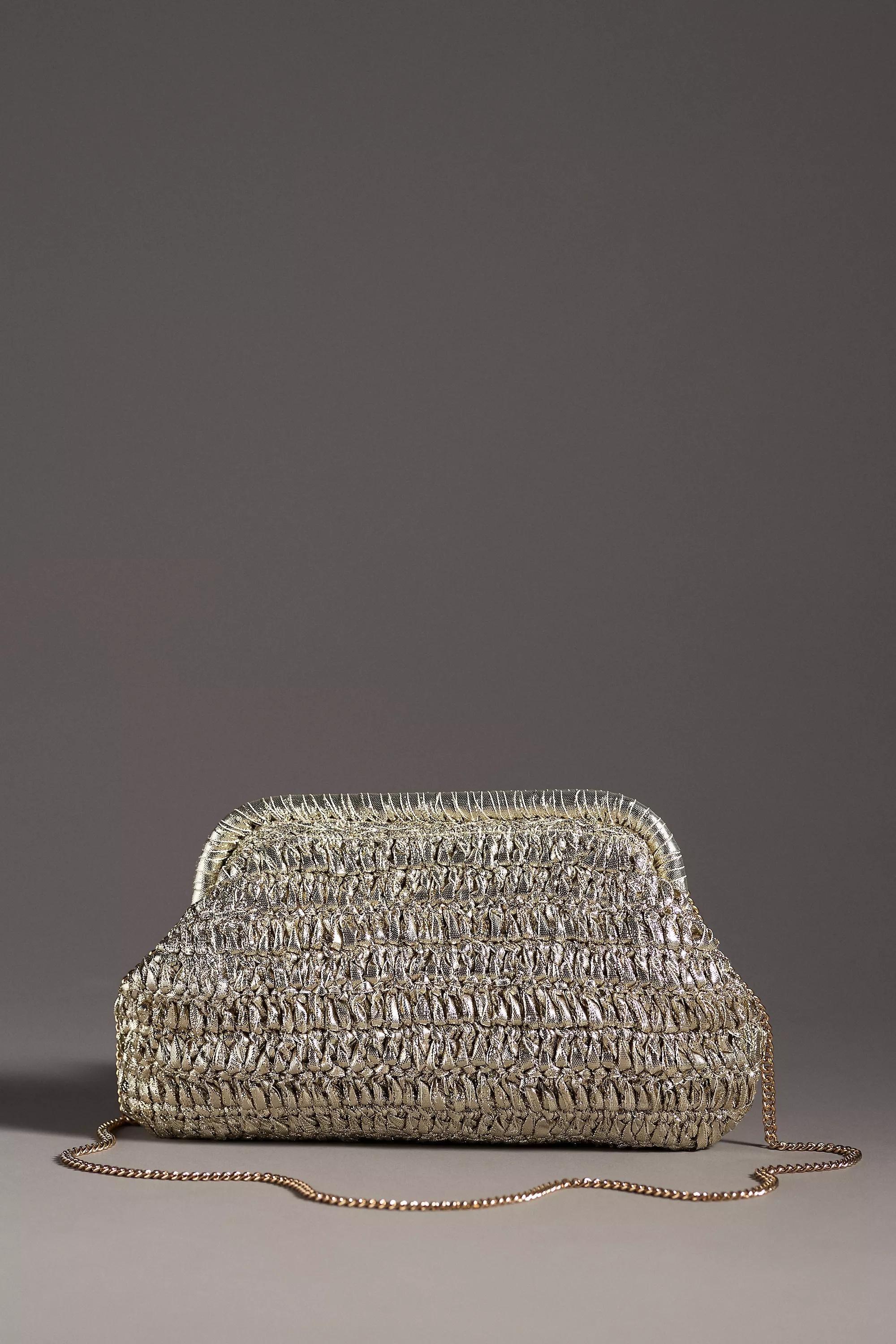 By Anthropologie Metallic Crochet Clutch, Gold, , medium