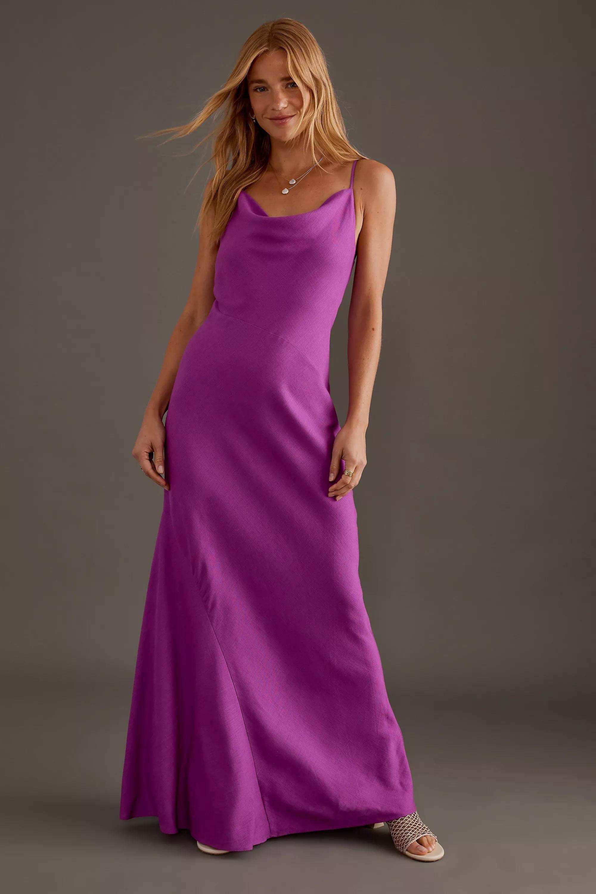 Linen-Blend Cowl-Neck Maxi Slip Dress, Purple, , large image number 0