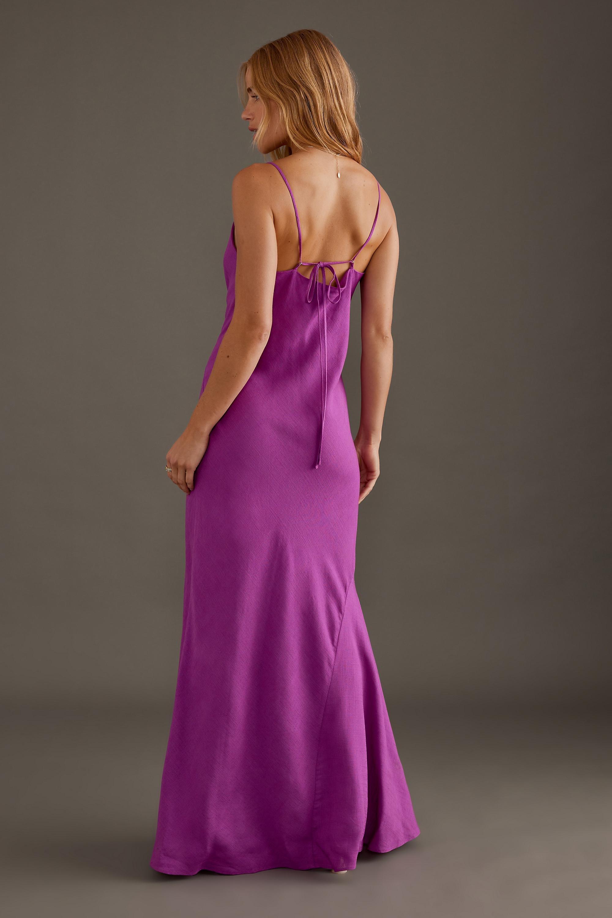 Linen-Blend Cowl-Neck Maxi Slip Dress, Purple, , large image number 1