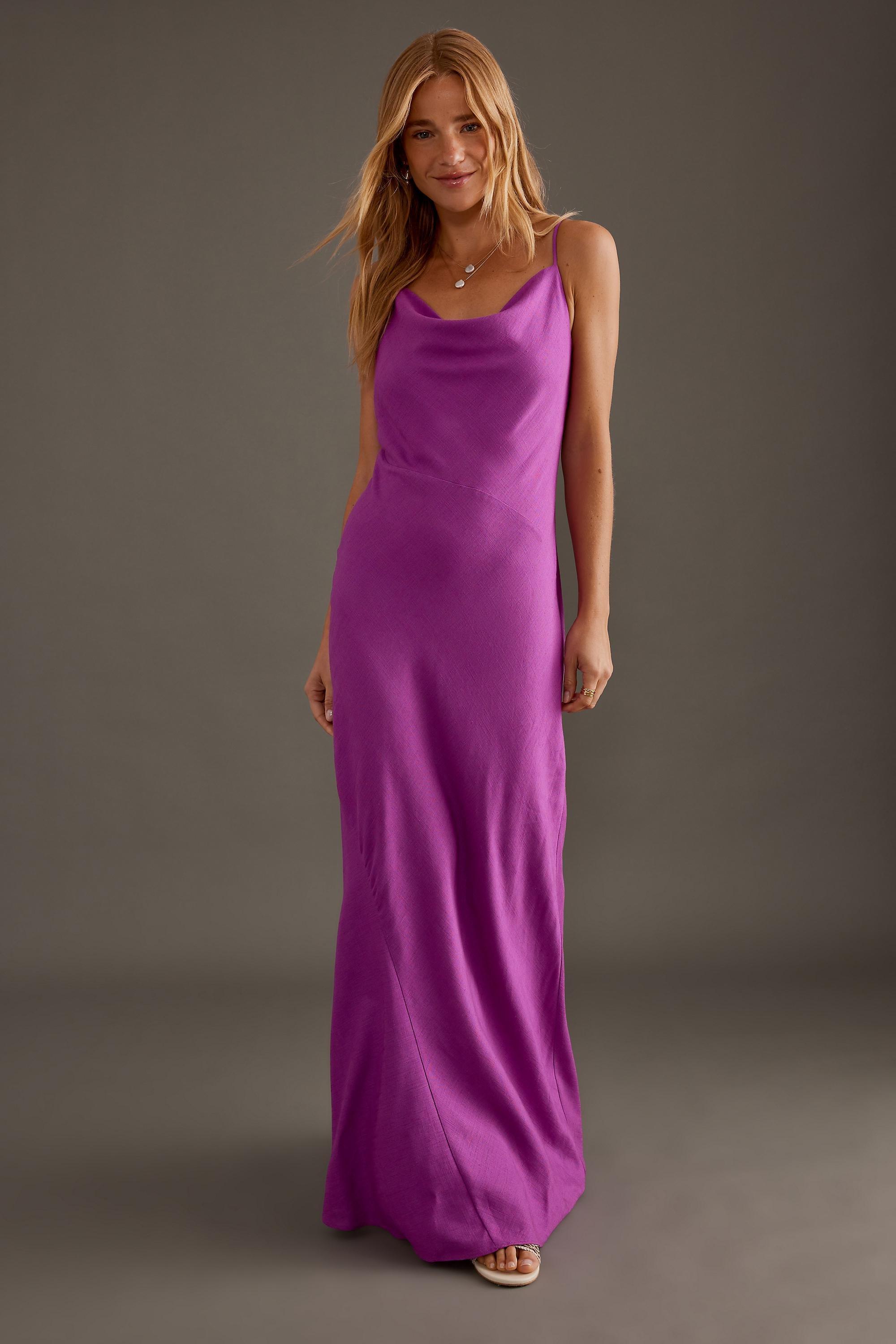 Linen-Blend Cowl-Neck Maxi Slip Dress, Purple, , large image number 2