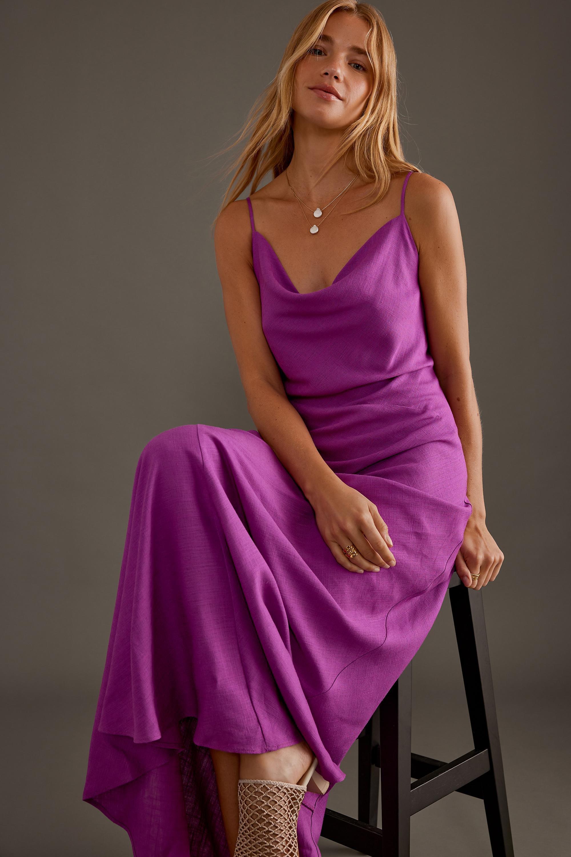 Linen-Blend Cowl-Neck Maxi Slip Dress, Purple, , large image number 3