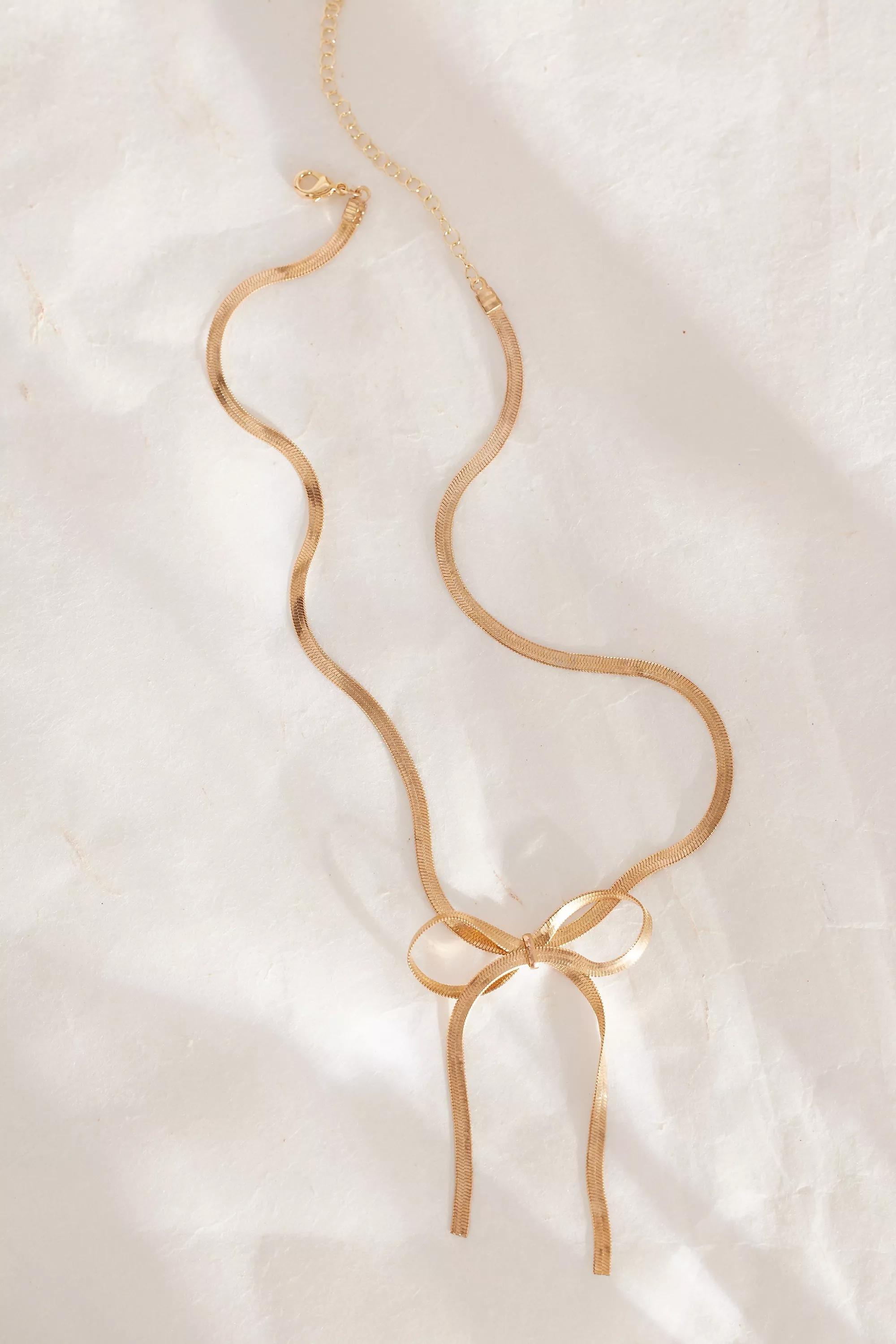 14K Snake Chain Bow Necklace, Gold Plated, A501_0070, large image number 2