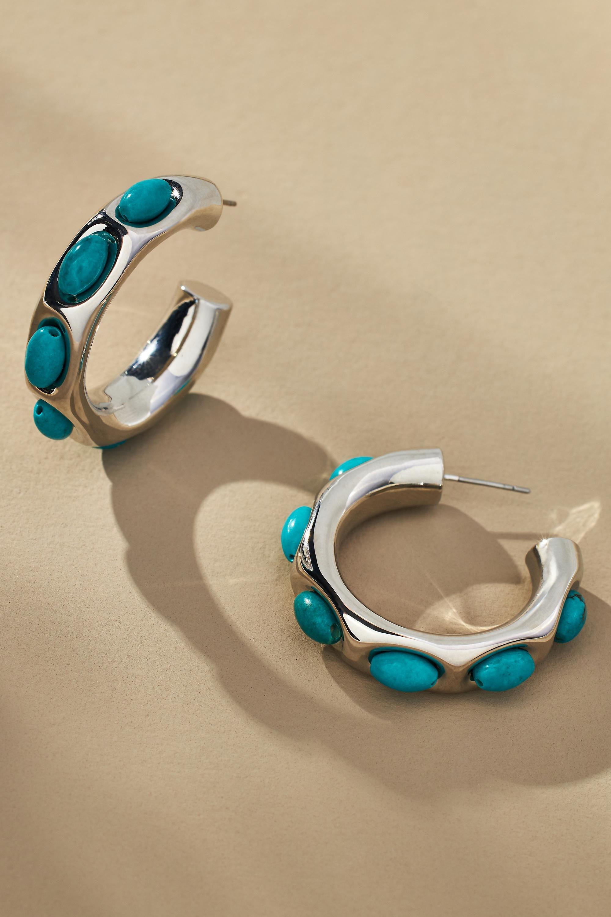 TURQUOISE Encased Stone Hoop Earrings, A501_0046, large image number 1