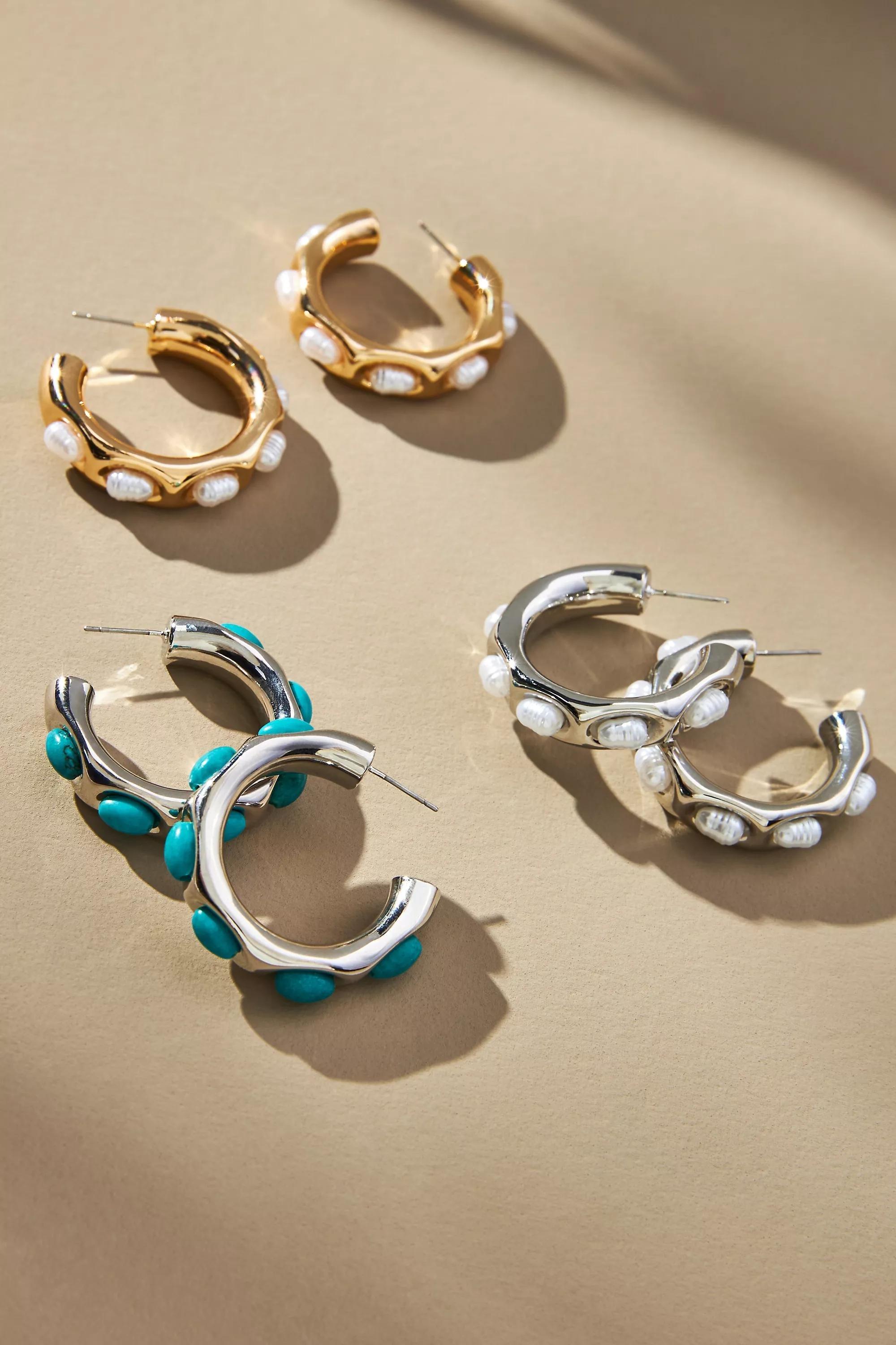 TURQUOISE Encased Stone Hoop Earrings, A501_0046, large image number 2