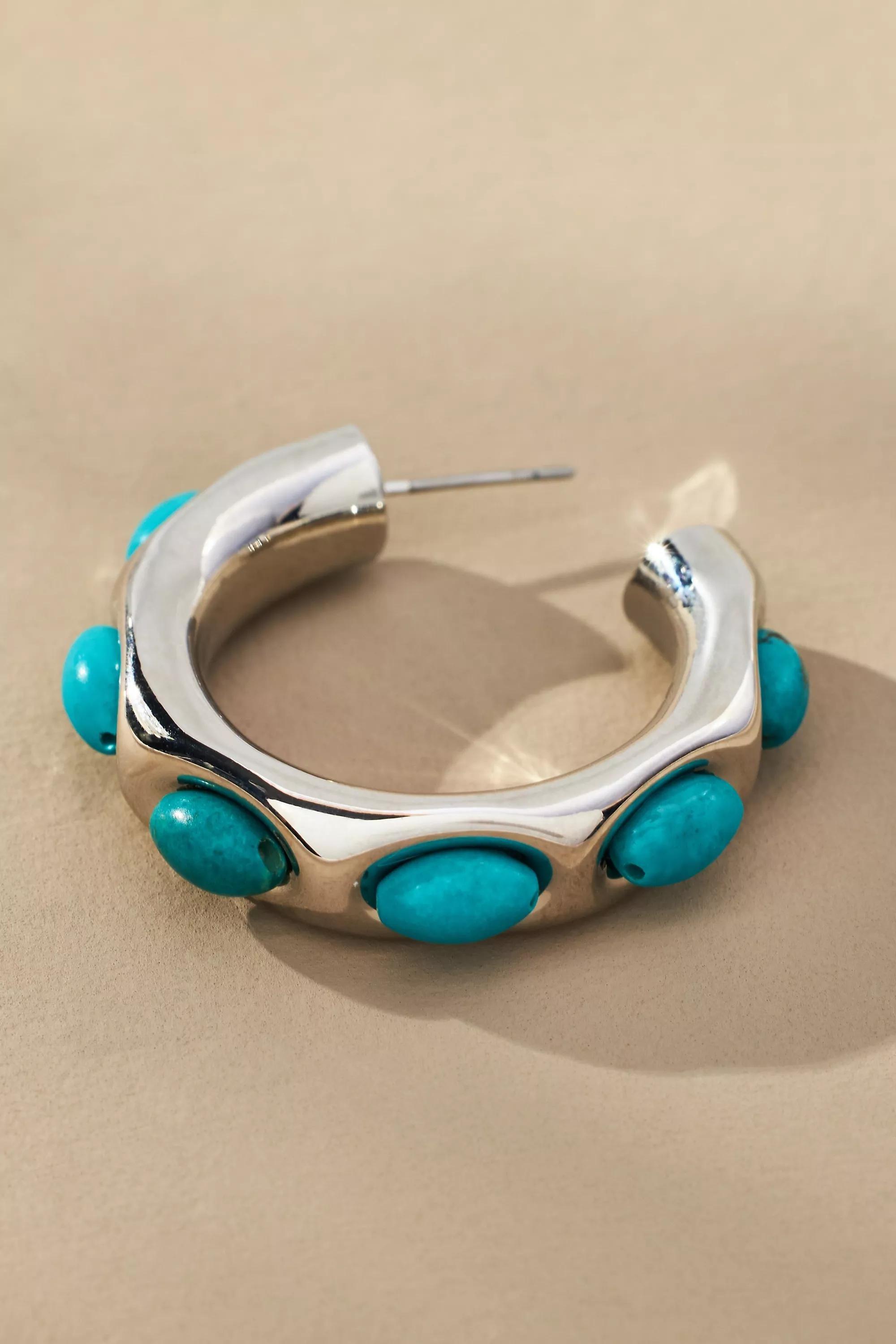 TURQUOISE Encased Stone Hoop Earrings, A501_0046, large image number 3