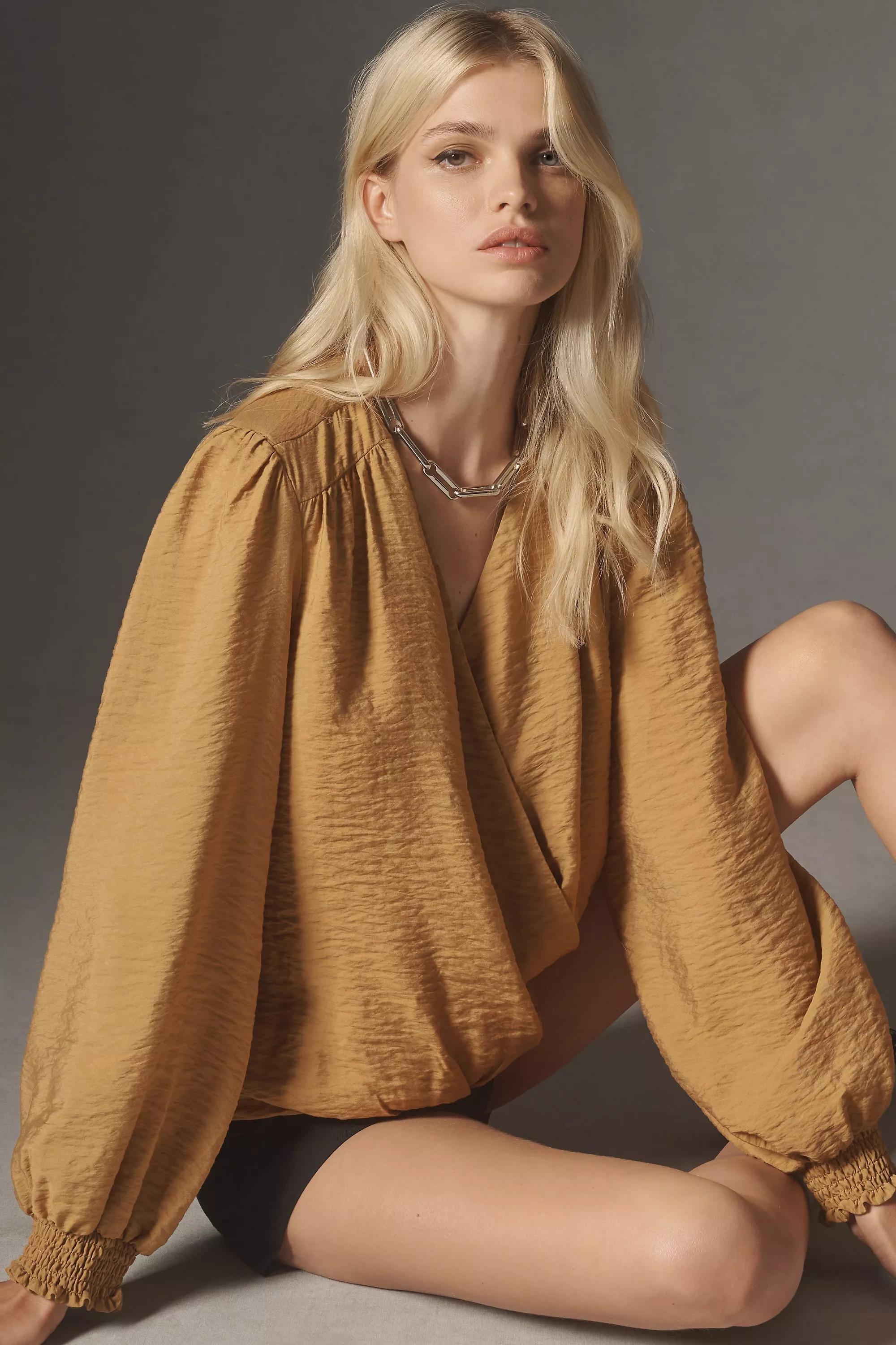 The Dylon Long-Sleeve Wide-Placket Top, Brown, , large image number 2