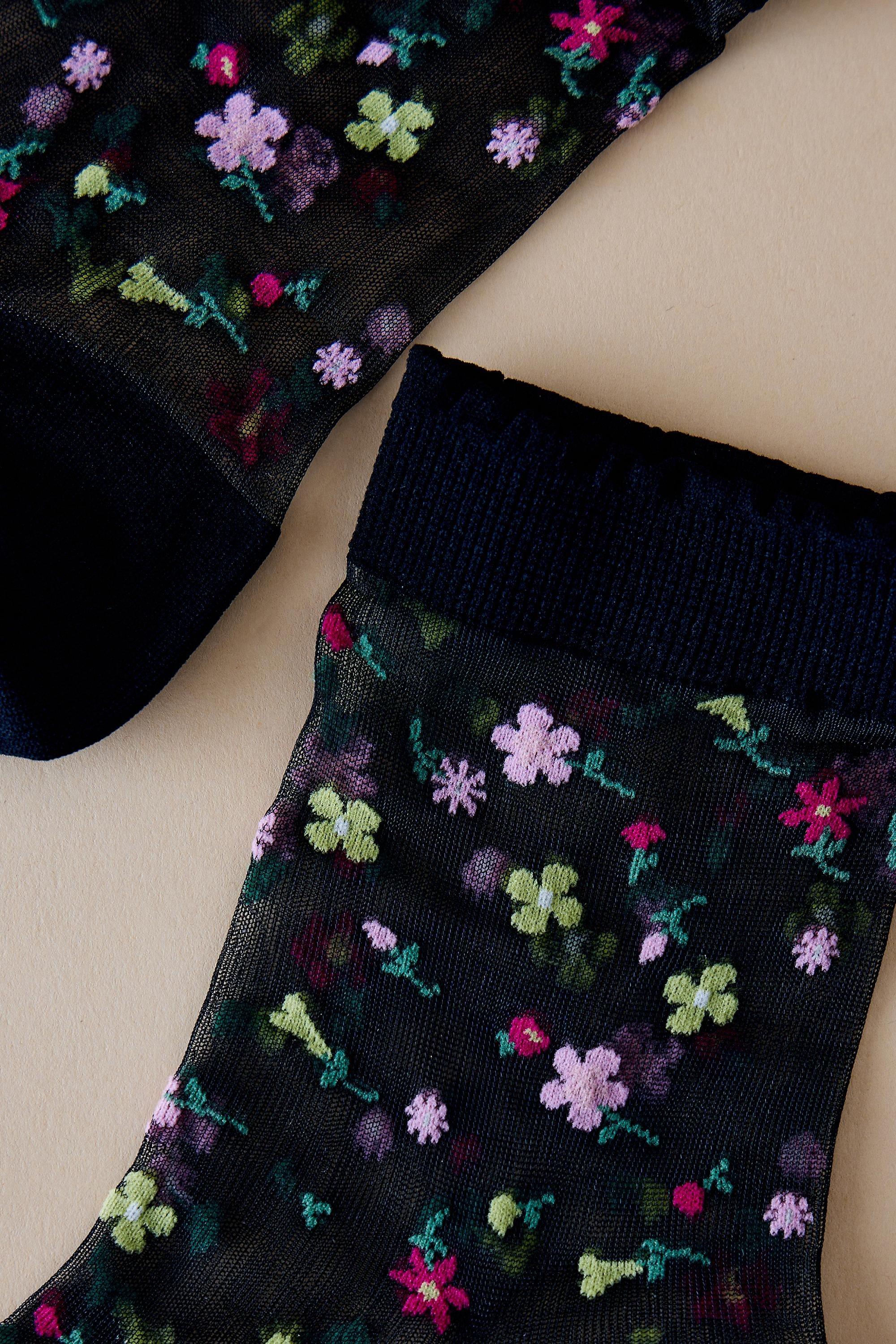 Anthropologie Floral Sheer Socks, Black, A501_0000, large image number 1