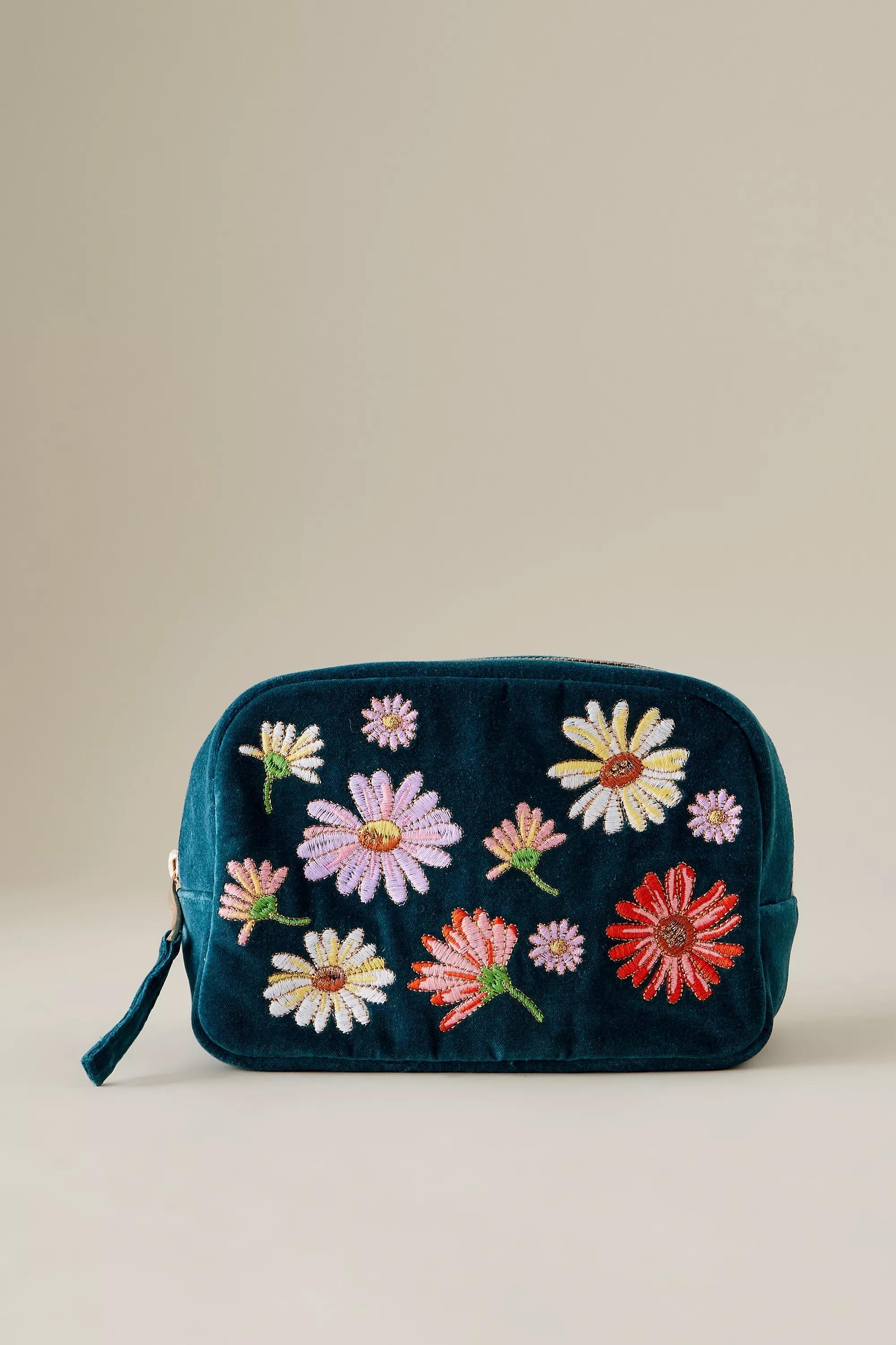 Elizabeth Scarlett Wildflower Velvet Makeup Bag, Blue, A501_0040, large image number 0