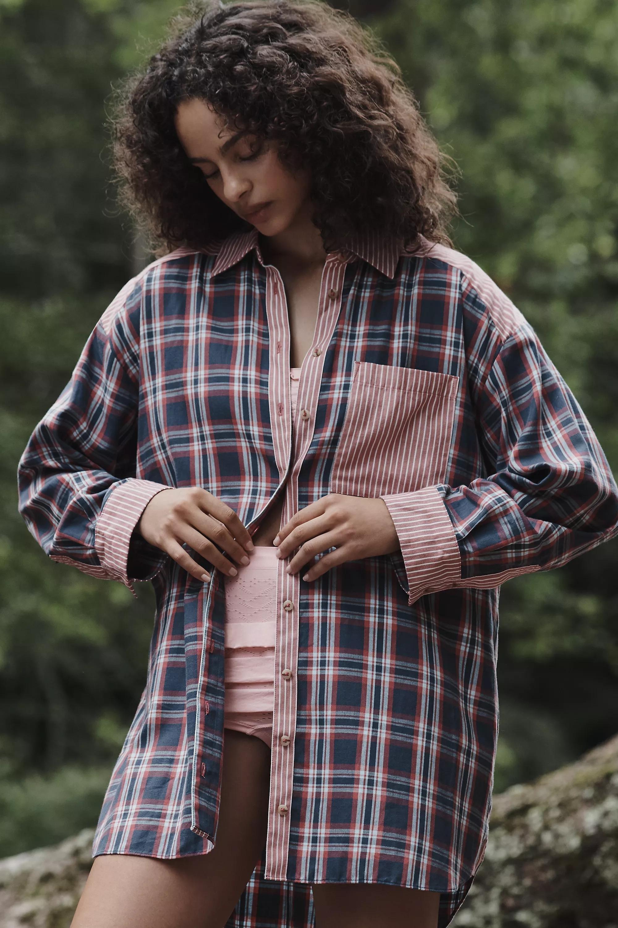 Flannel Boyfriend Button-down Shirt, Navy, , large image number 0