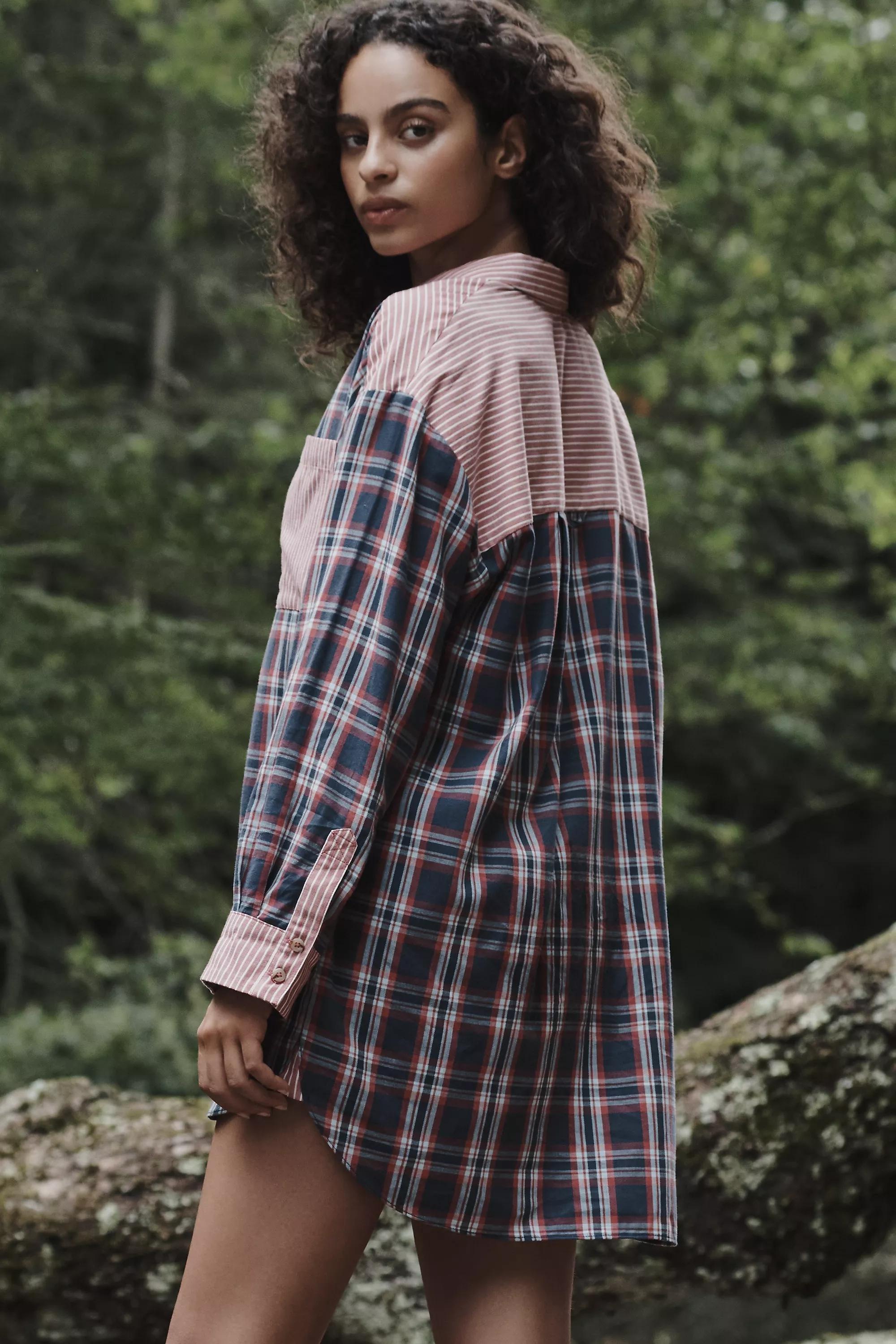 Flannel Boyfriend Button-down Shirt, Navy, , large image number 1