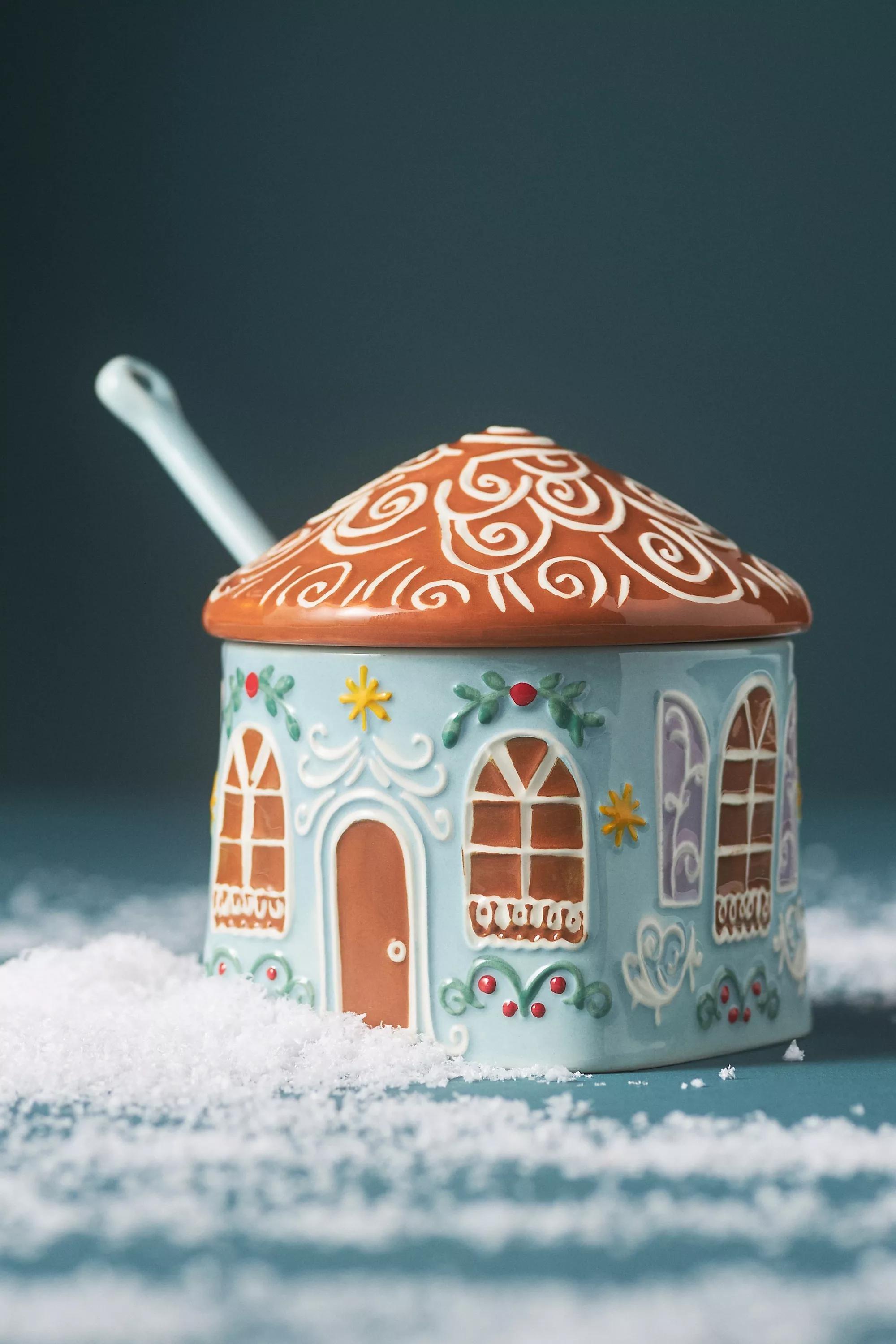 Gingerbread Ceramic Stoneware Sugar Pot, Green, A501_0102, medium