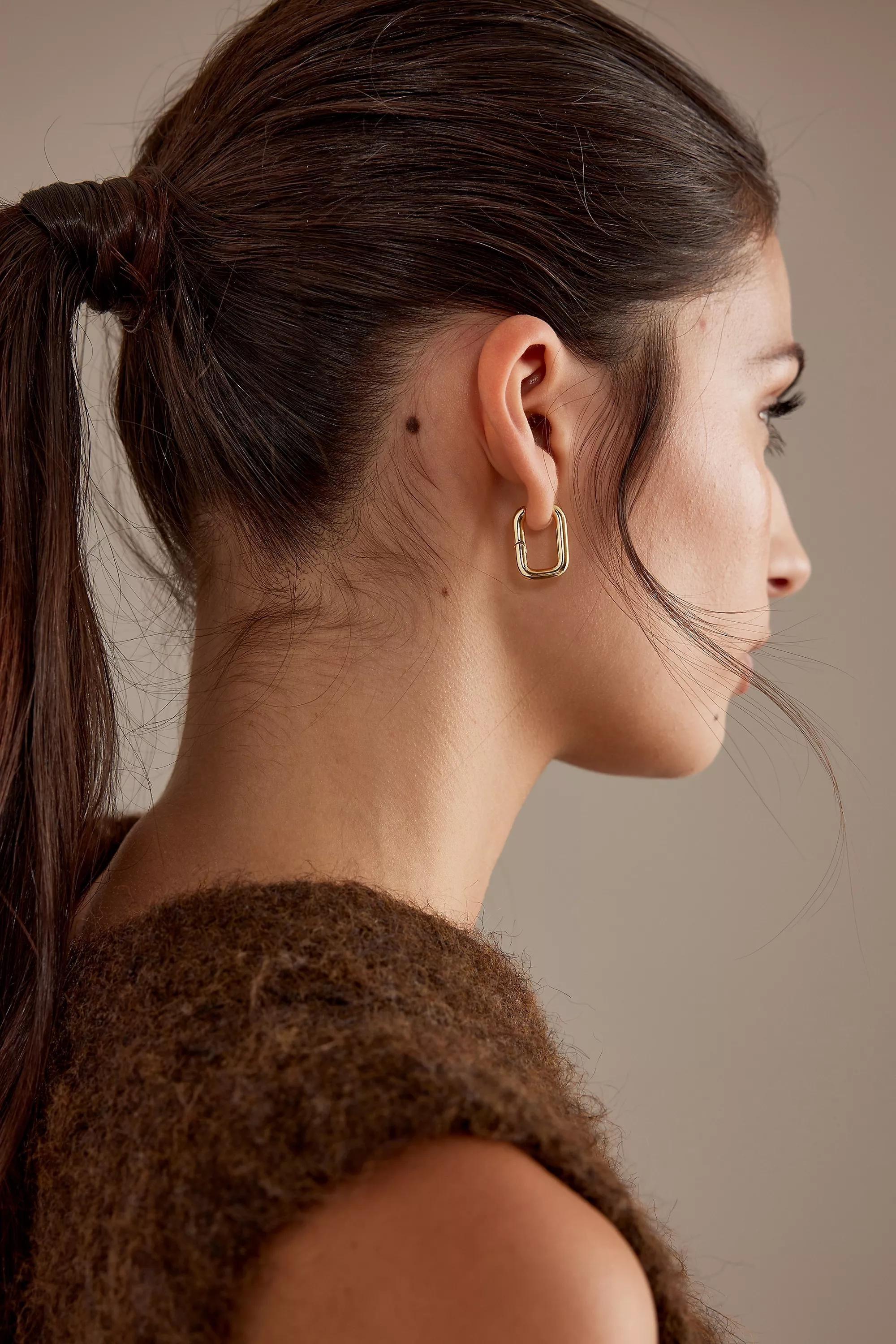 Rectangle Huggie Hoop Earrings, Gold-Plated, A501_0070, large image number 1