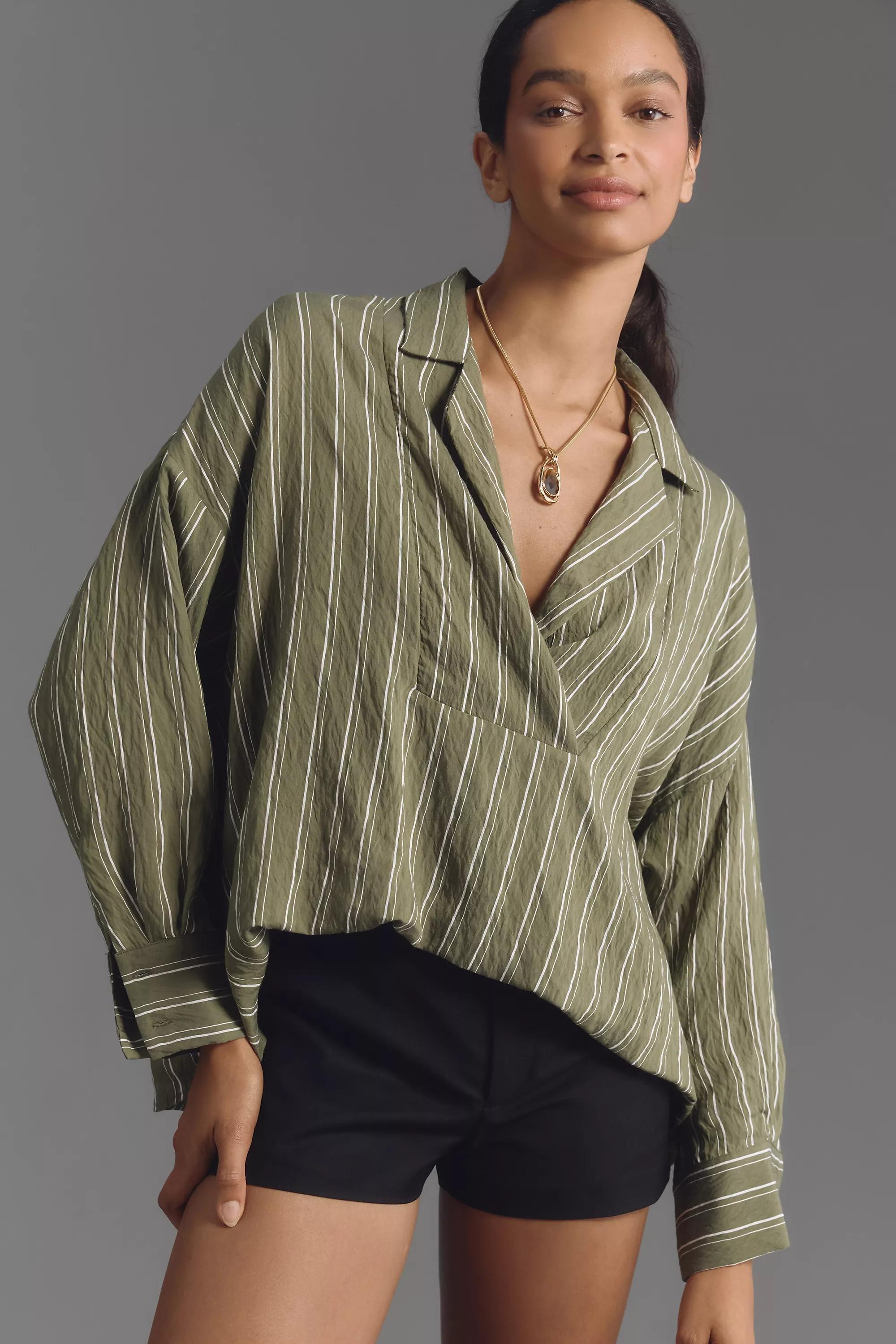 The Dylon Long-Sleeve Wide-Placket Top, Green, A501_0038, medium