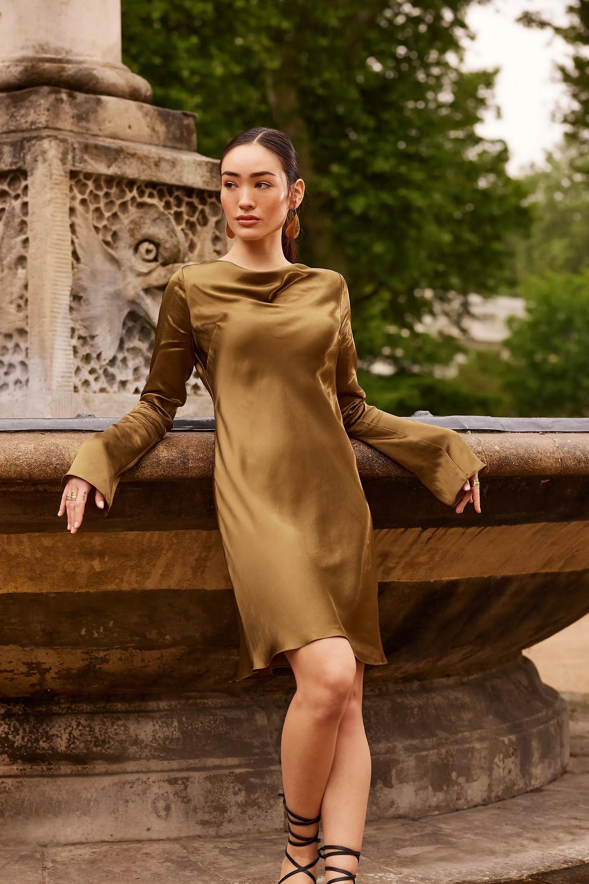 OLIVE Long-Sleeve Satin Bias Cut Mini Slip Dress, , large image number 0