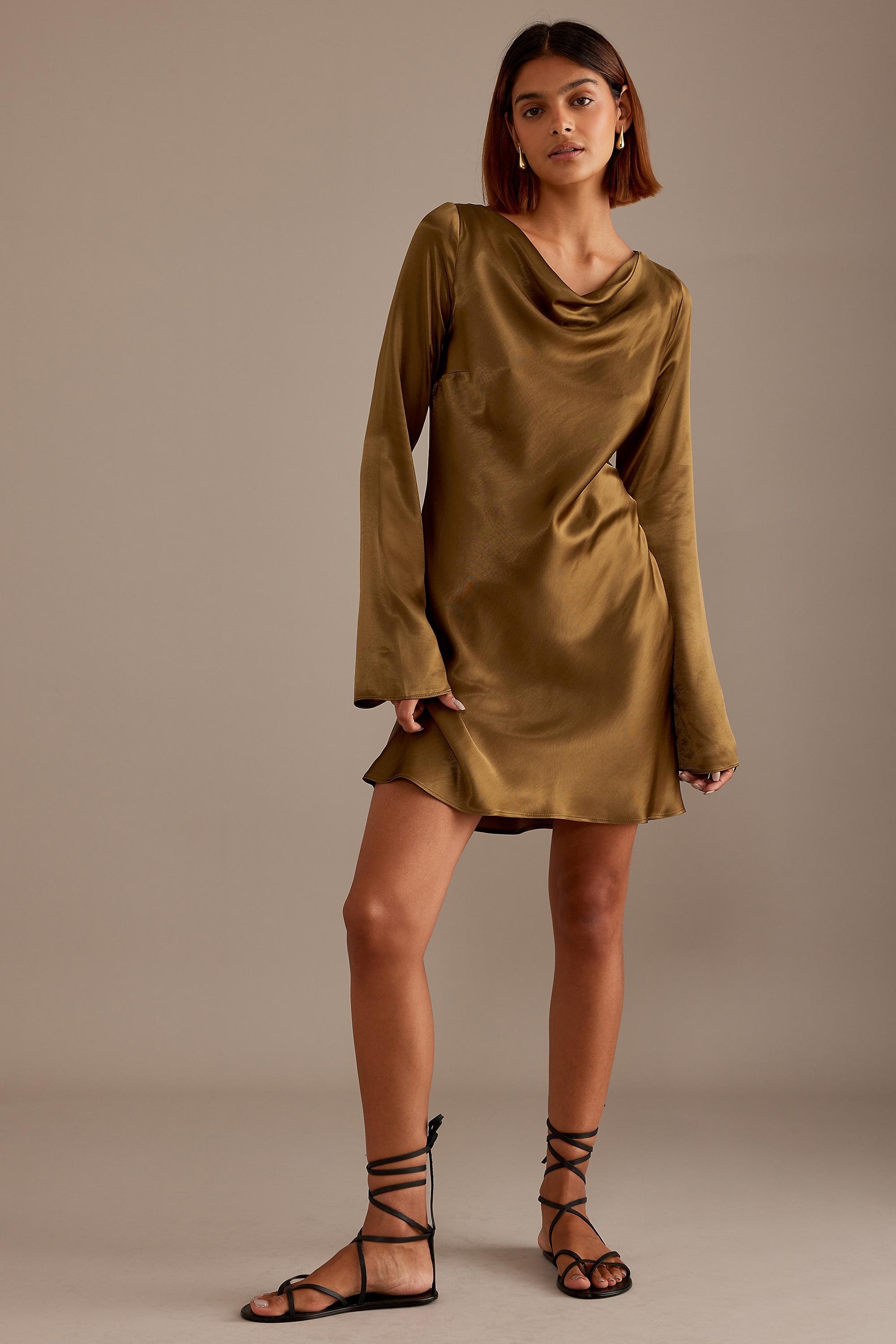 OLIVE Long-Sleeve Satin Bias Cut Mini Slip Dress, , large image number 1