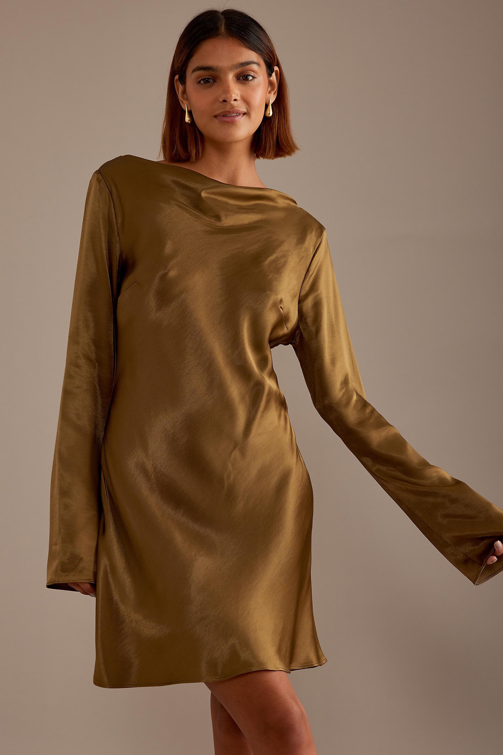 OLIVE Long-Sleeve Satin Bias Cut Mini Slip Dress, , large image number 3