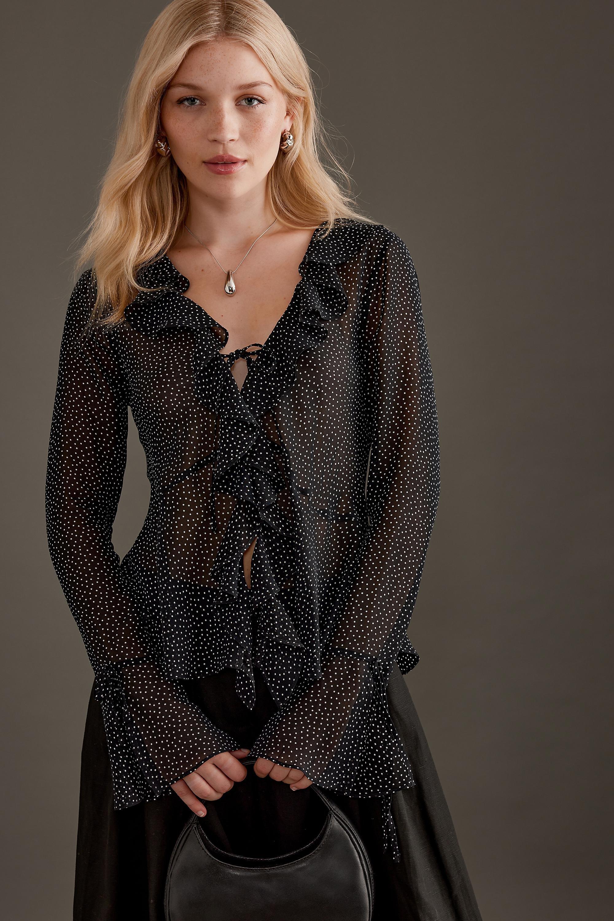 BLK Spot Ruffle Tie-Front Blouse, , large image number 0