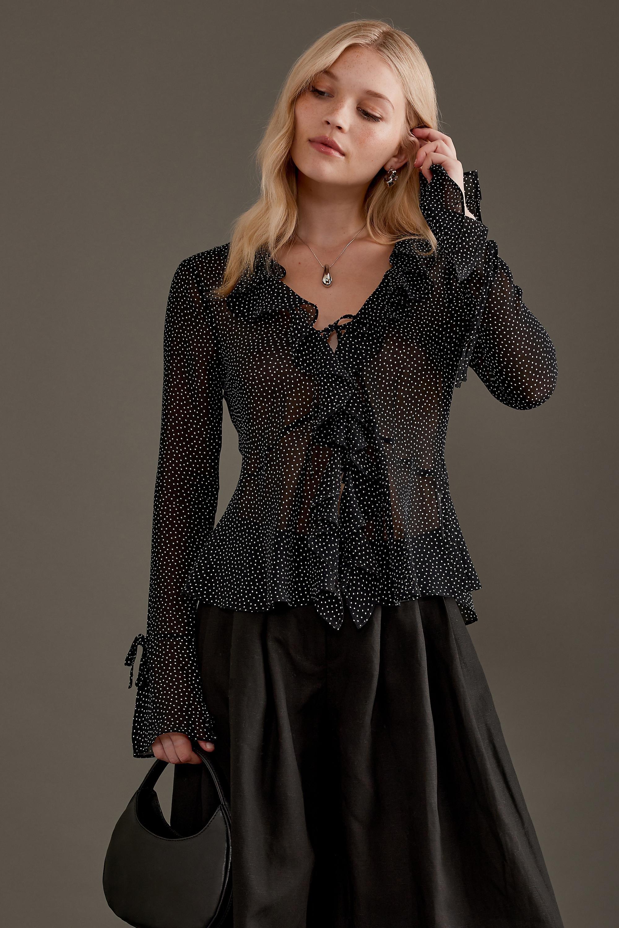 BLK Spot Ruffle Tie-Front Blouse, , large image number 5