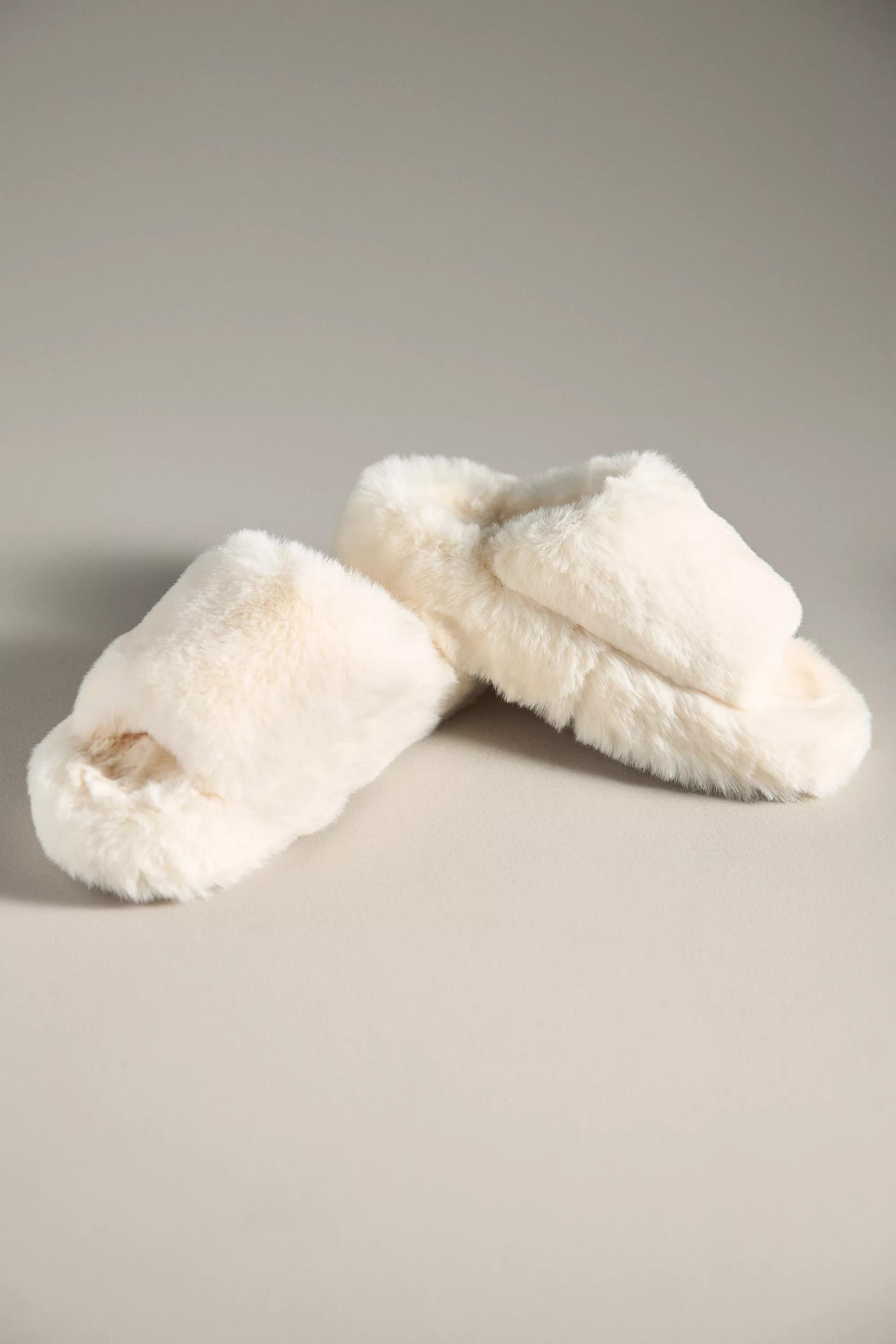 Anthropologie Fuzzy Platform Slippers, Cream, , large image number 1