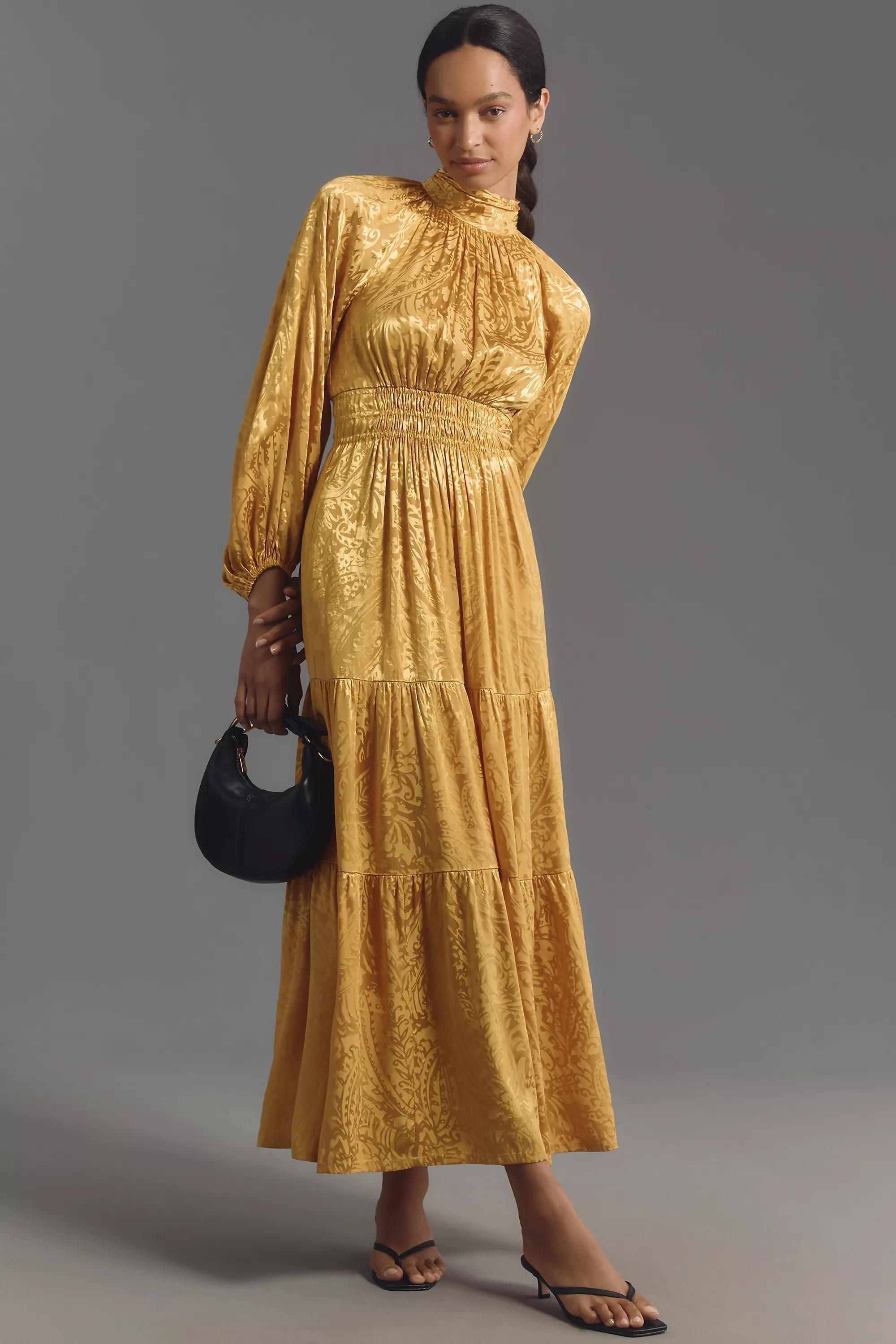 Anthropologie Embossed Milkmaid Maxi, Yellow, A501_0072, medium