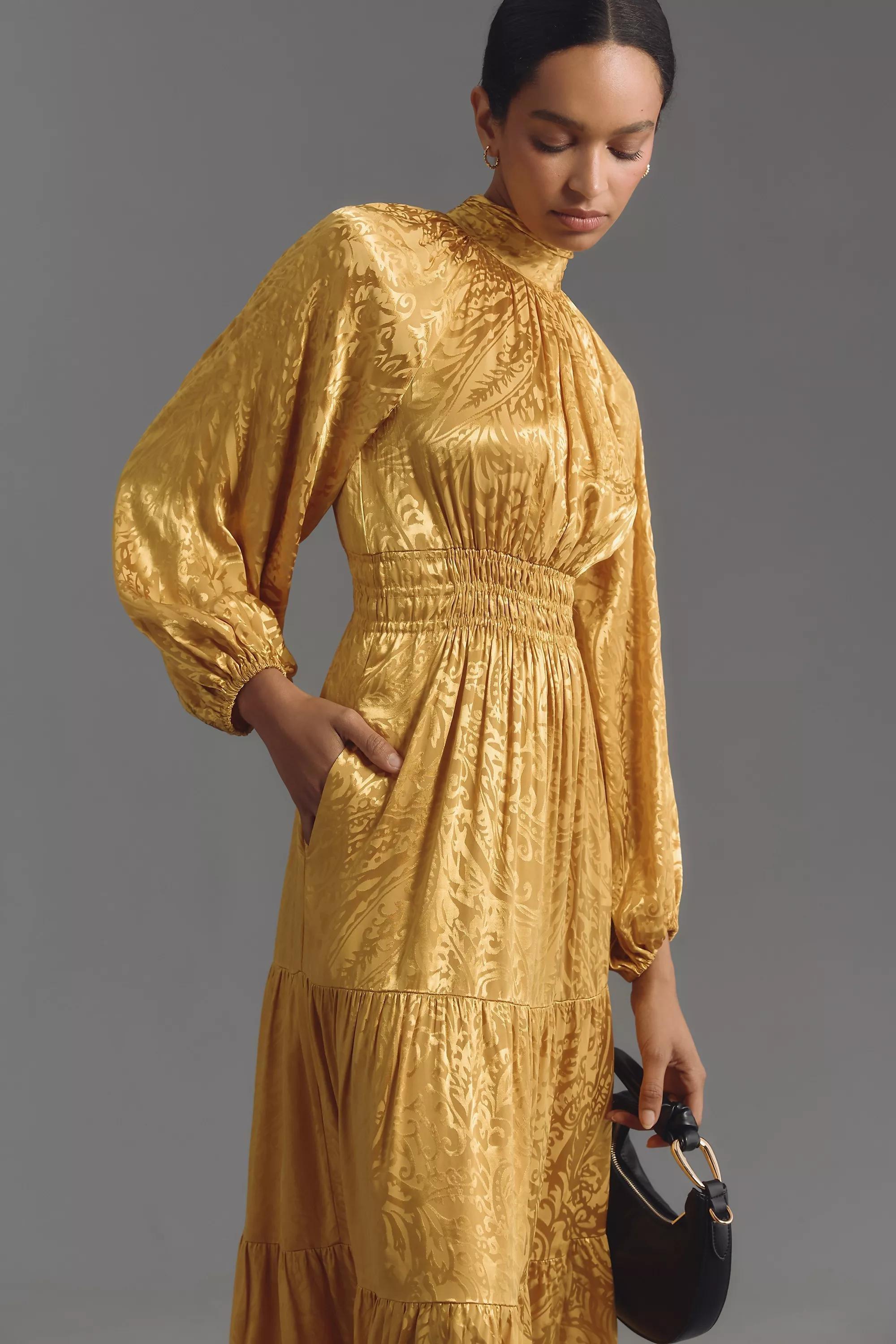 Anthropologie Embossed Milkmaid Maxi, Yellow, A501_0072, medium