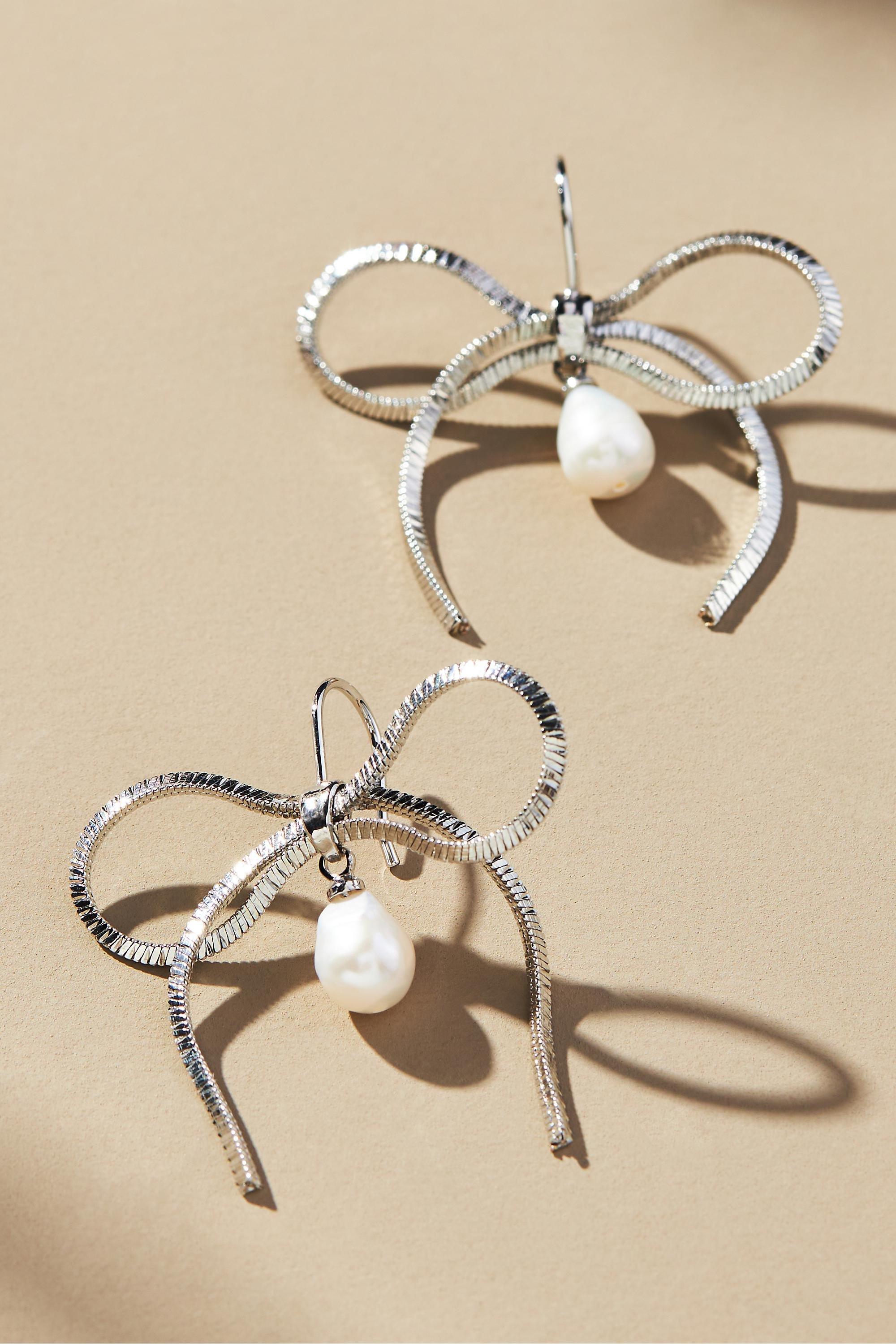 14K Gold-Plated Pearl Bow Earrings, Silver, A501_0007, large image number 0