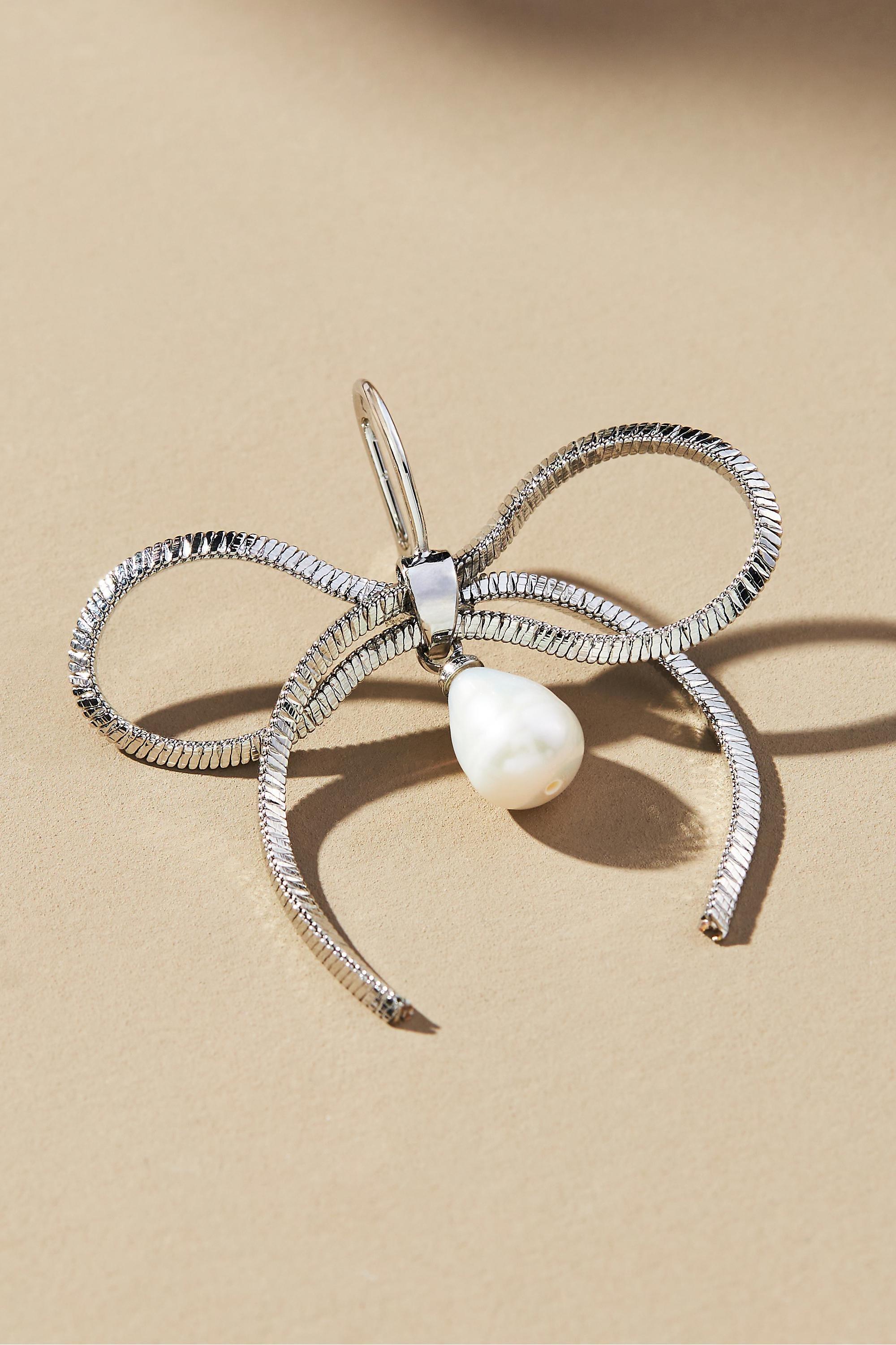 14K Gold-Plated Pearl Bow Earrings, Silver, A501_0007, large image number 1