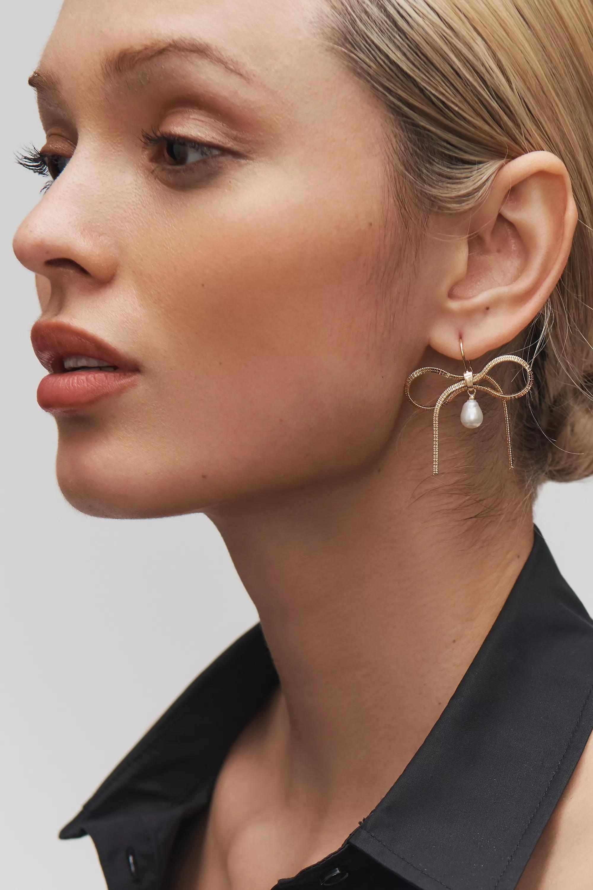 14K Gold-Plated Pearl Bow Earrings, Gold, , medium