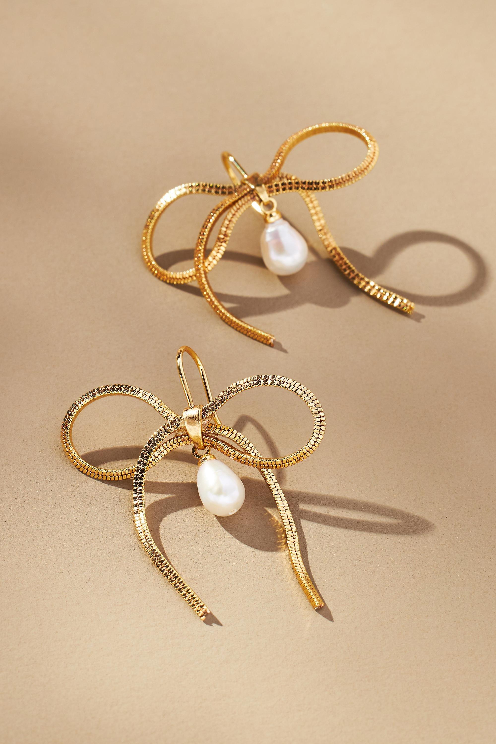 14K Gold-Plated Pearl Bow Earrings, Gold, A501_0070, large image number 1