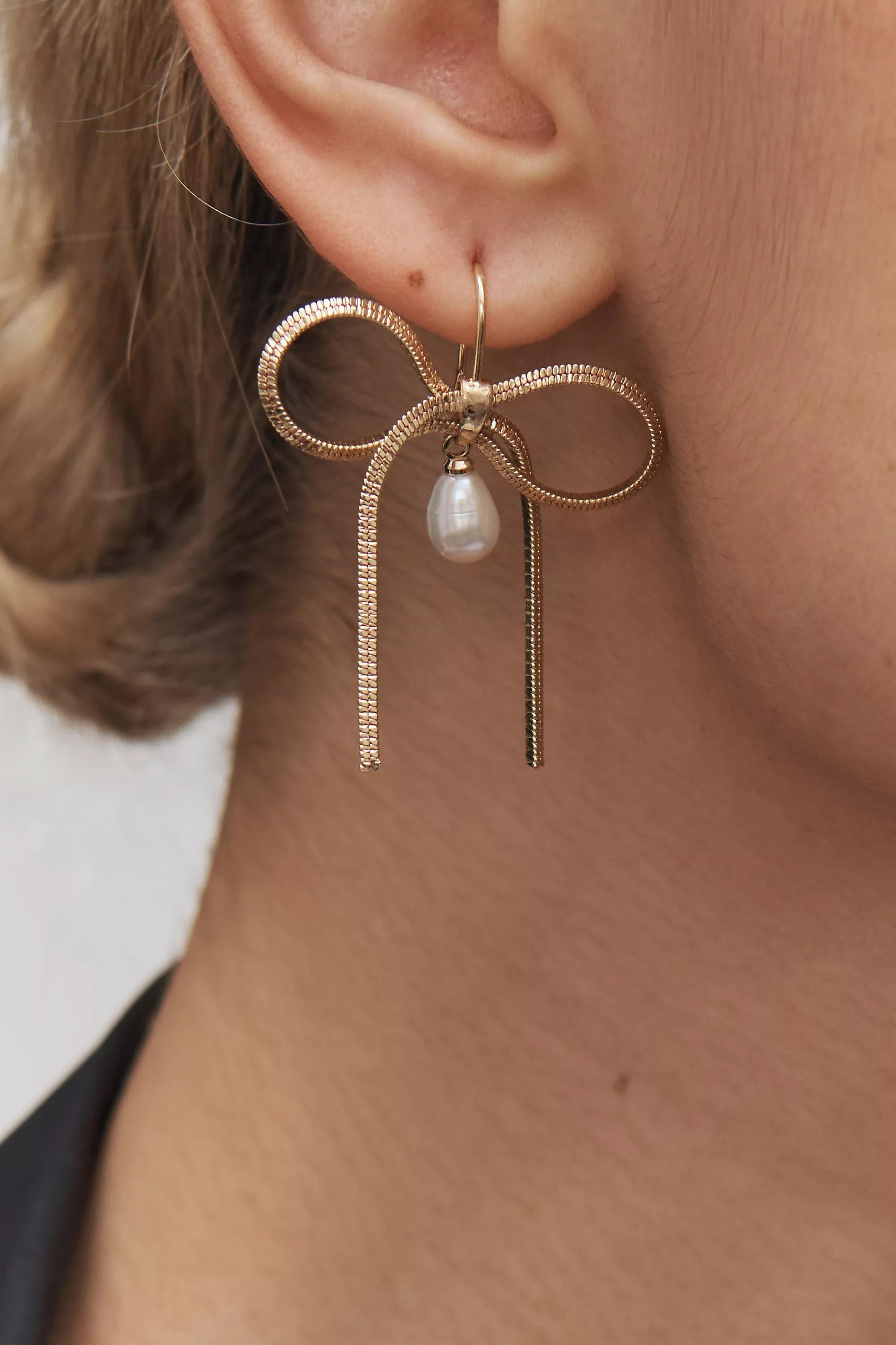 14K Gold-Plated Pearl Bow Earrings, Gold, A501_0070, large image number 2
