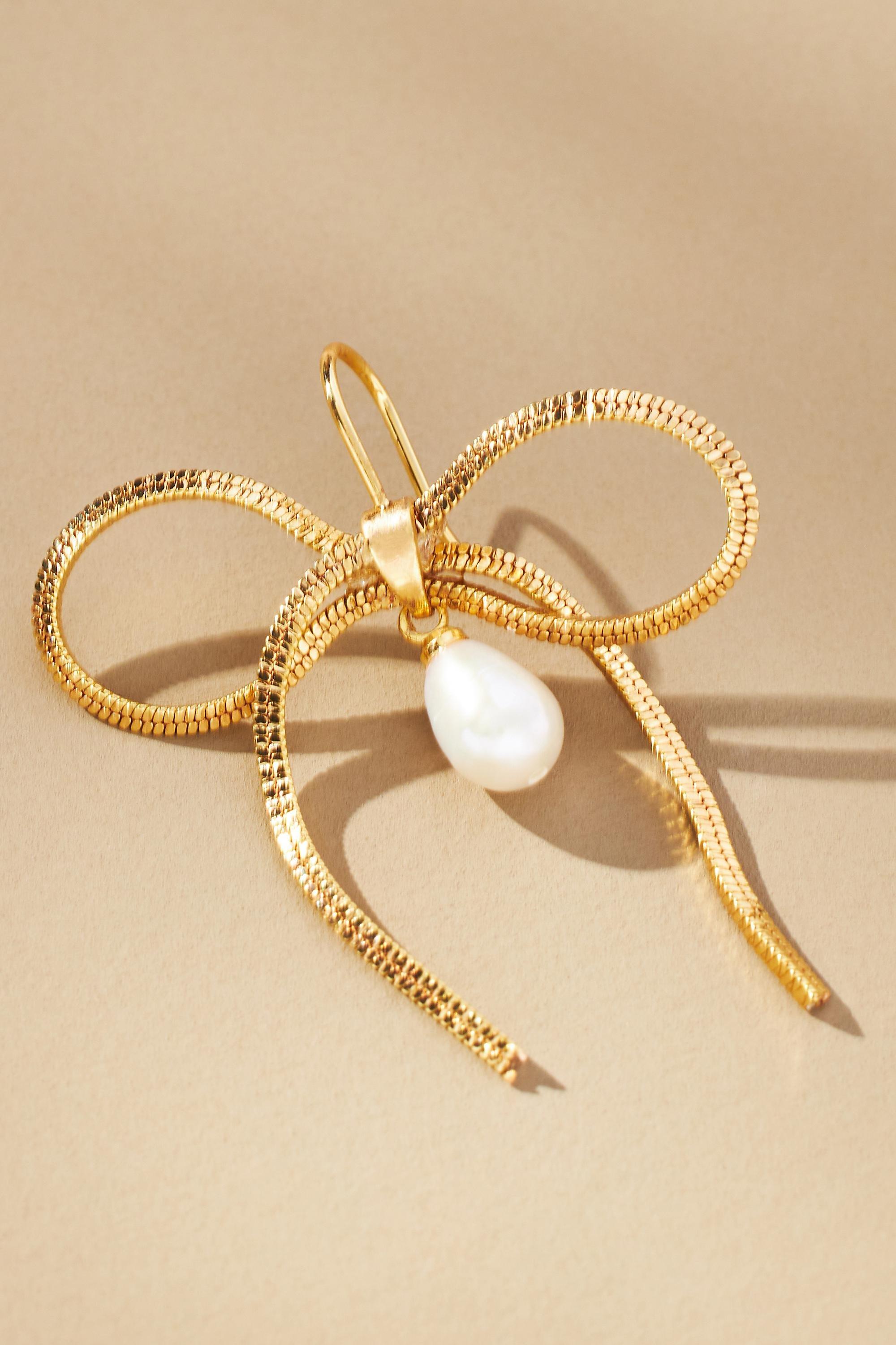 14K Gold-Plated Pearl Bow Earrings, Gold, A501_0070, large image number 3