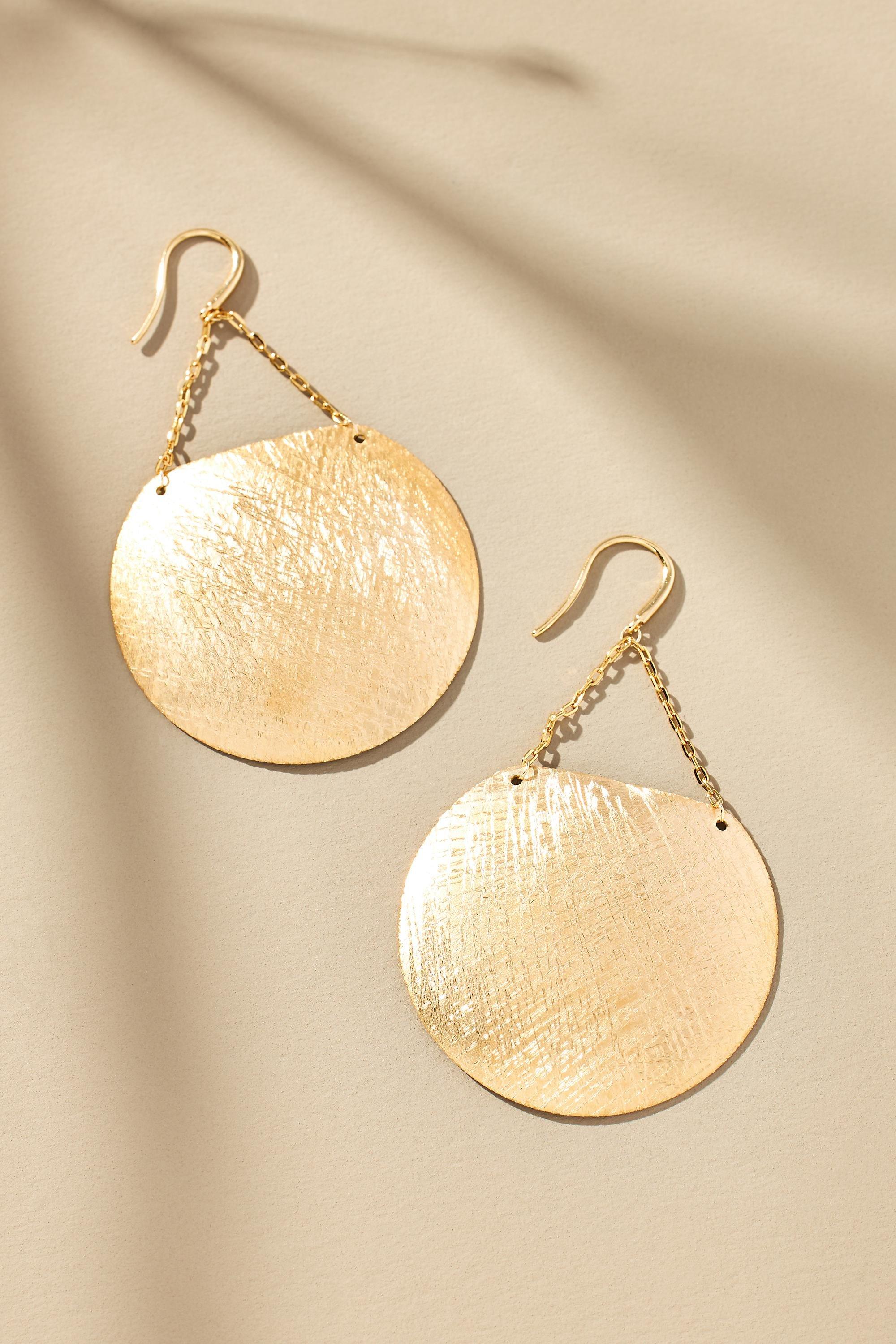 14K Gold-Plated Hammered Disc Drop Earrings, Gold, A501_0070, large image number 0