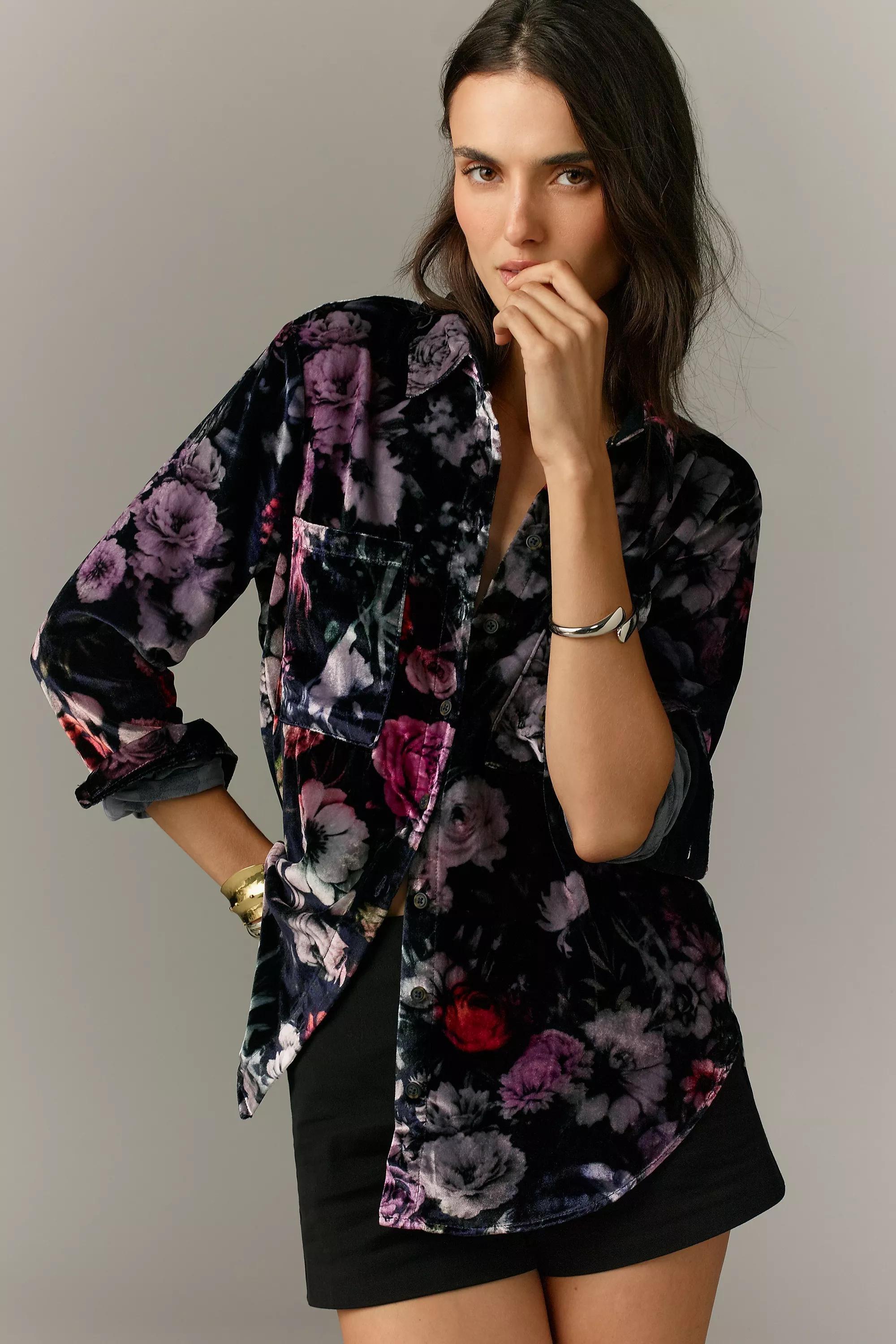 Anthropologie Floral Button Down, Black, , medium