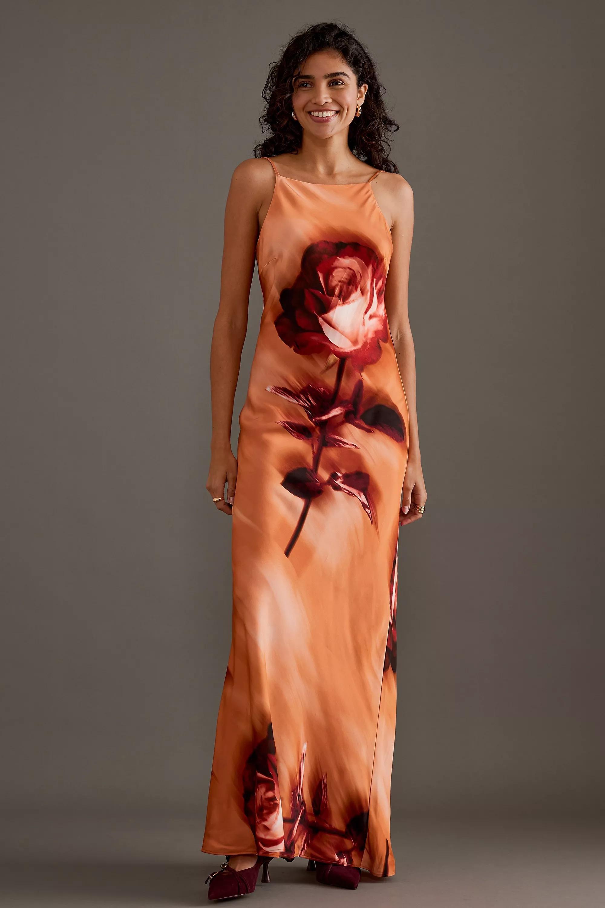 Halter Satin Maxi Slip Dress, Orange, , large image number 0